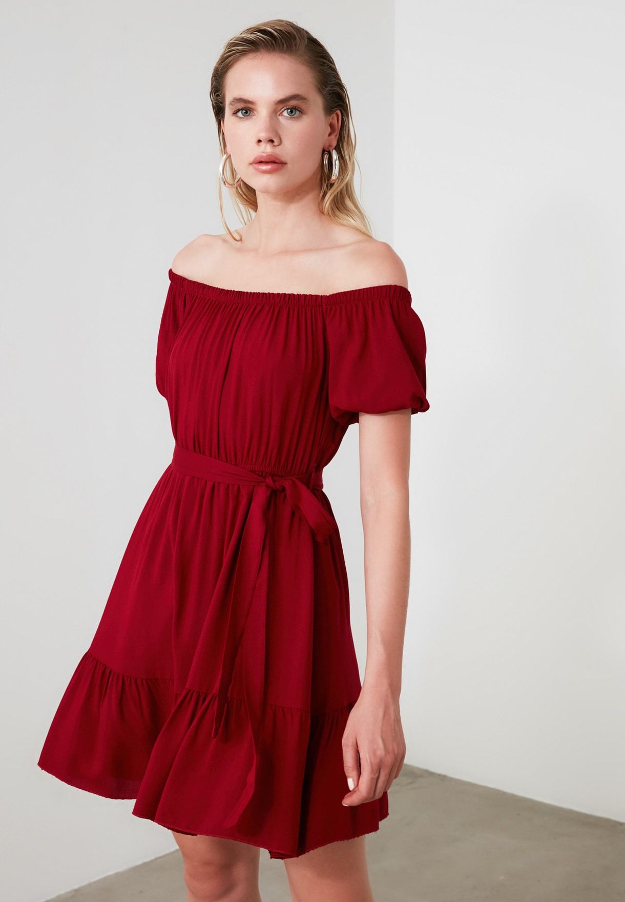 burgundy bardot dress