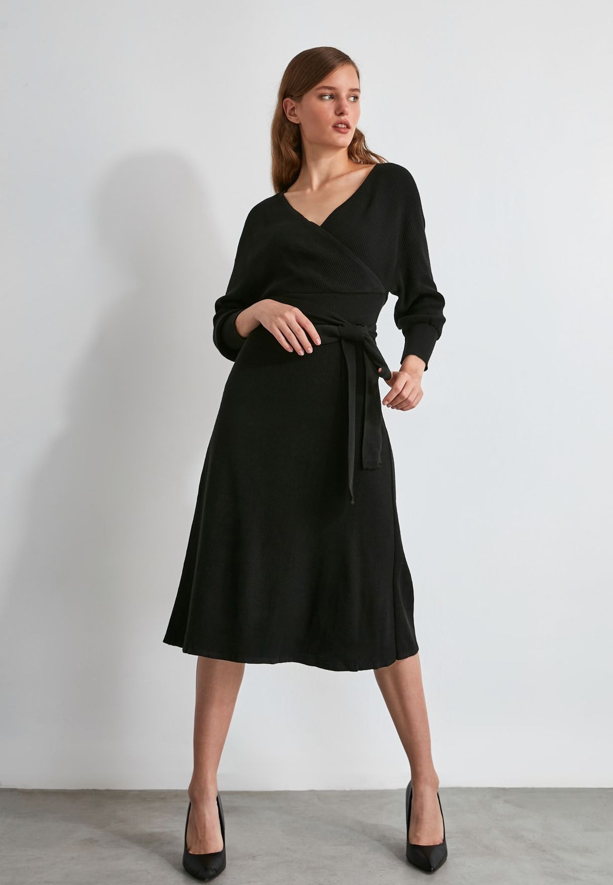 black wrap sweater dress