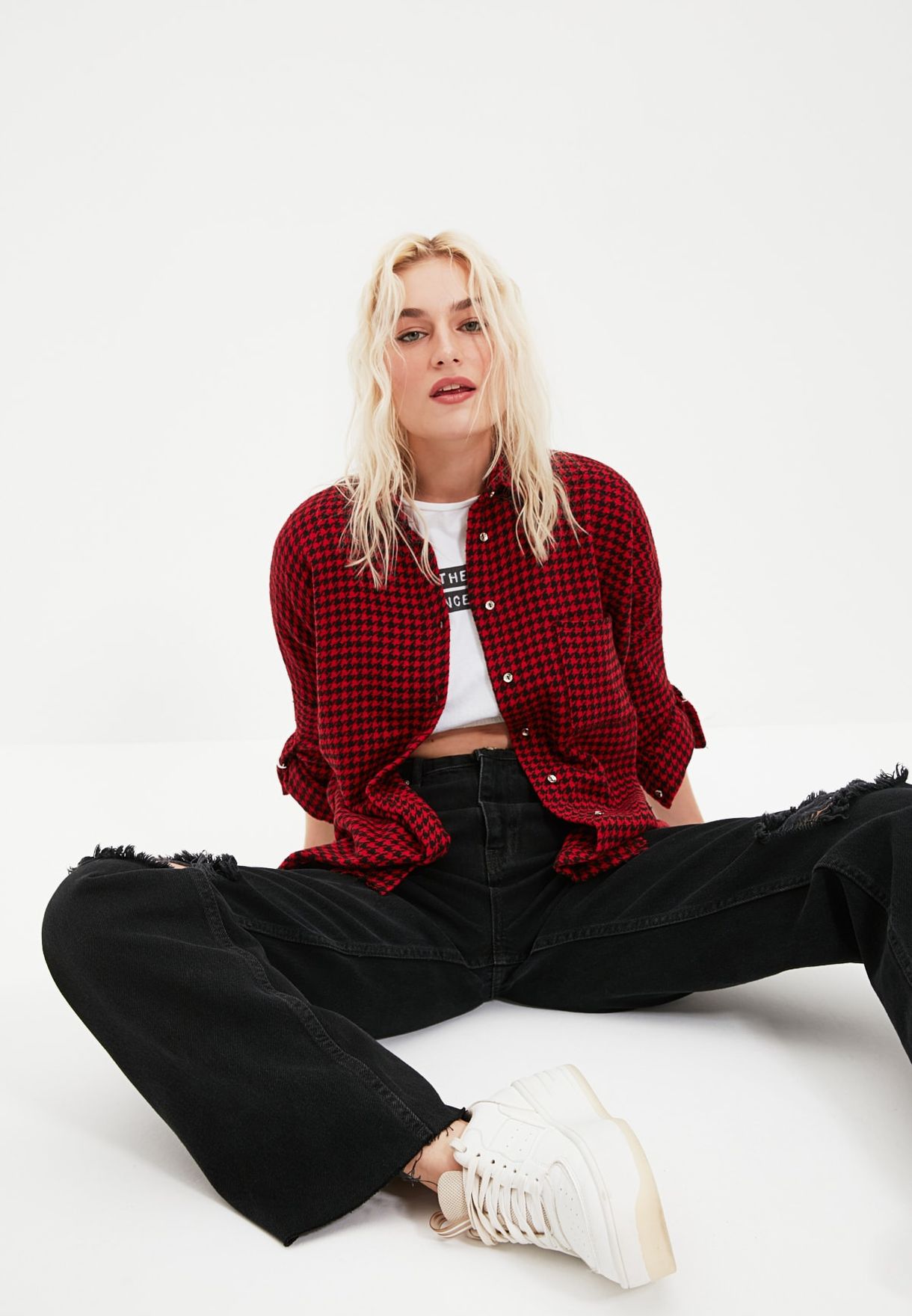 dogtooth print trousers