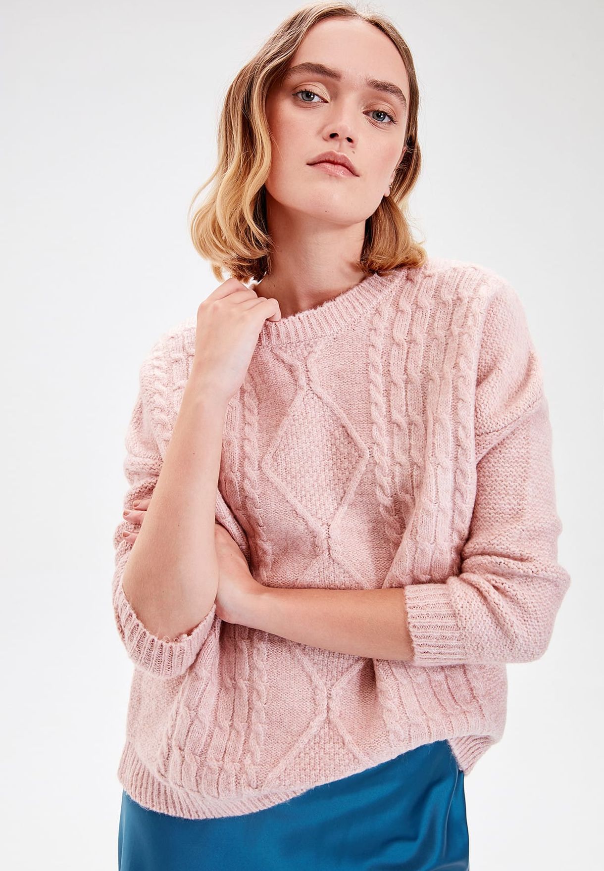 pink cable knit sweater