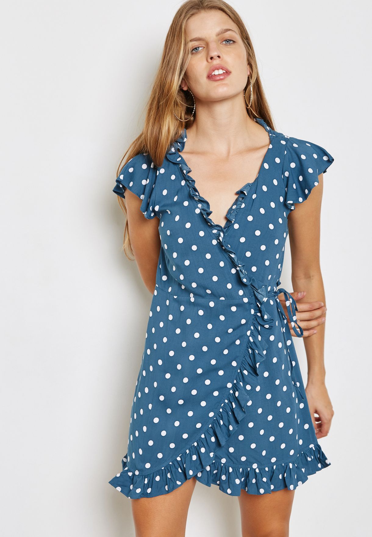 polka dot frill wrap dress