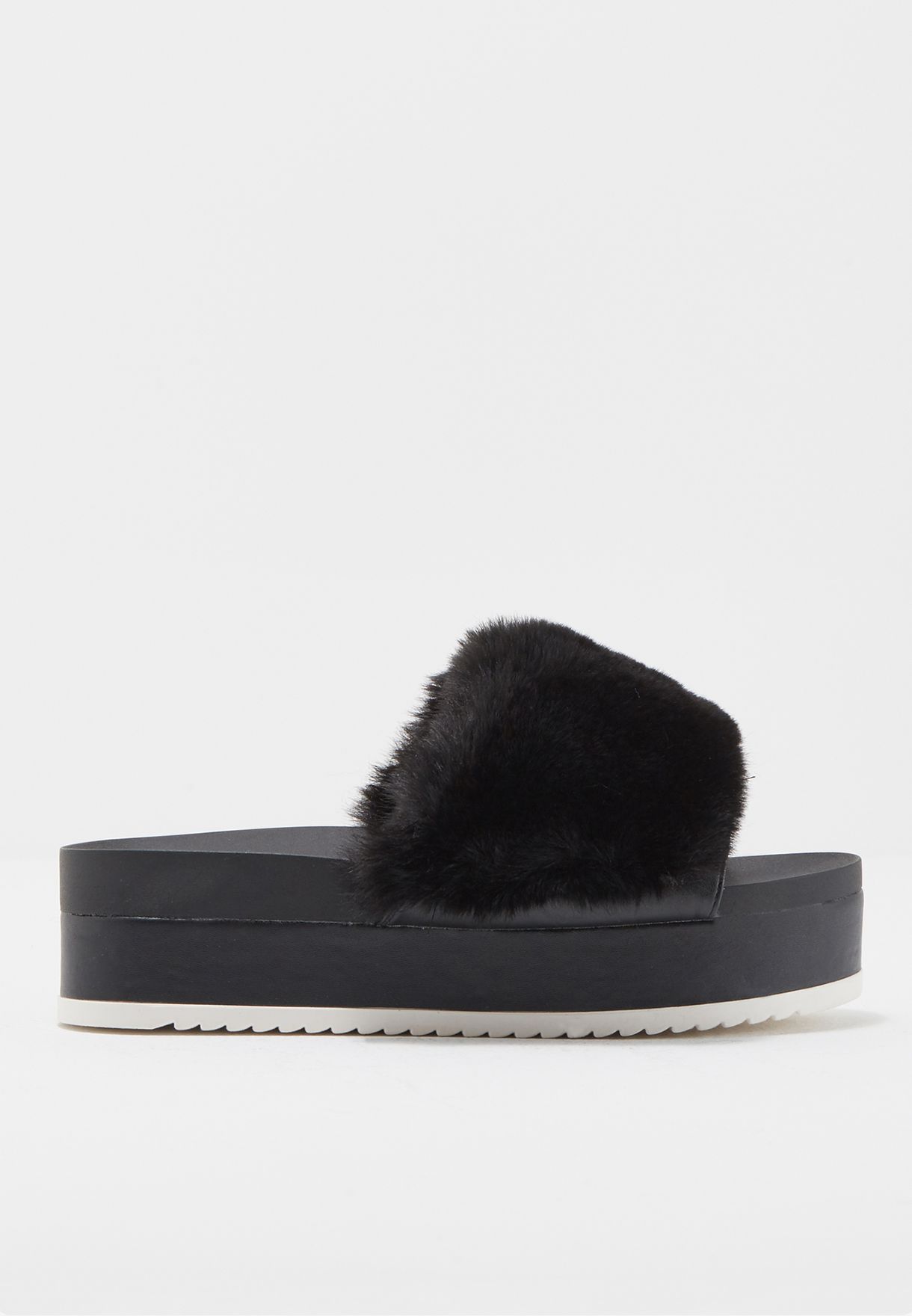 black faux fur loafer slides