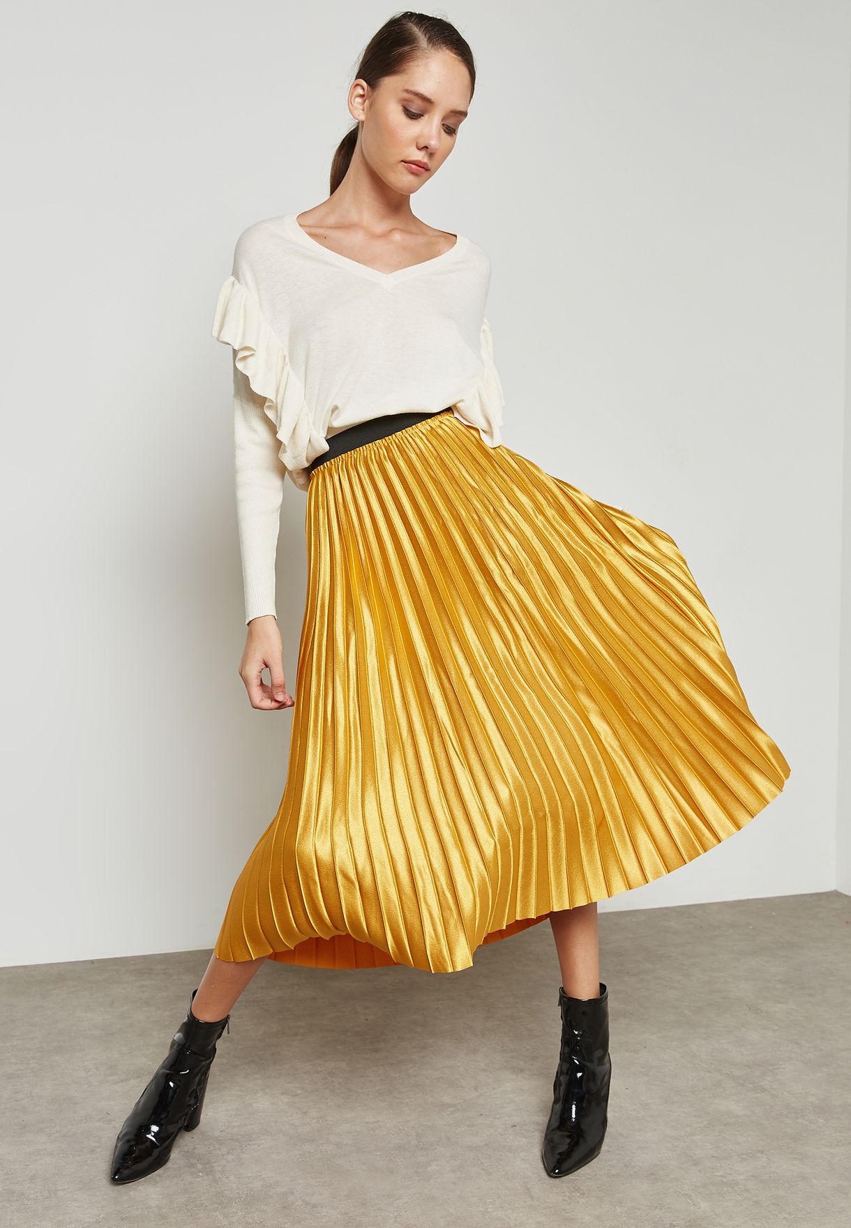 metallic pleated skirt yellow