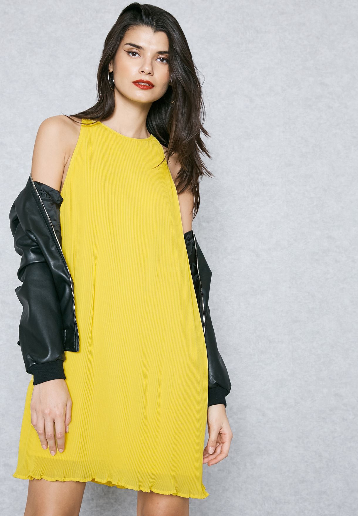 mango yellow pleated dress