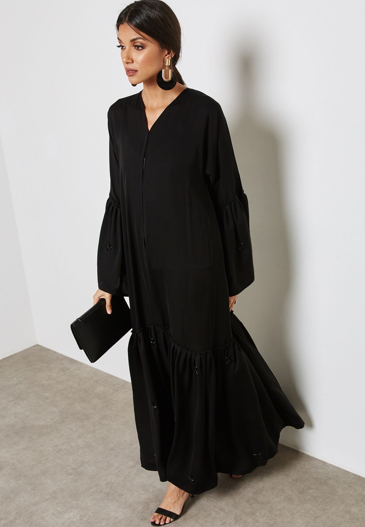 Buy Hayas Closet black Embellished Ruffle Trim Abaya for Women in MENA ...