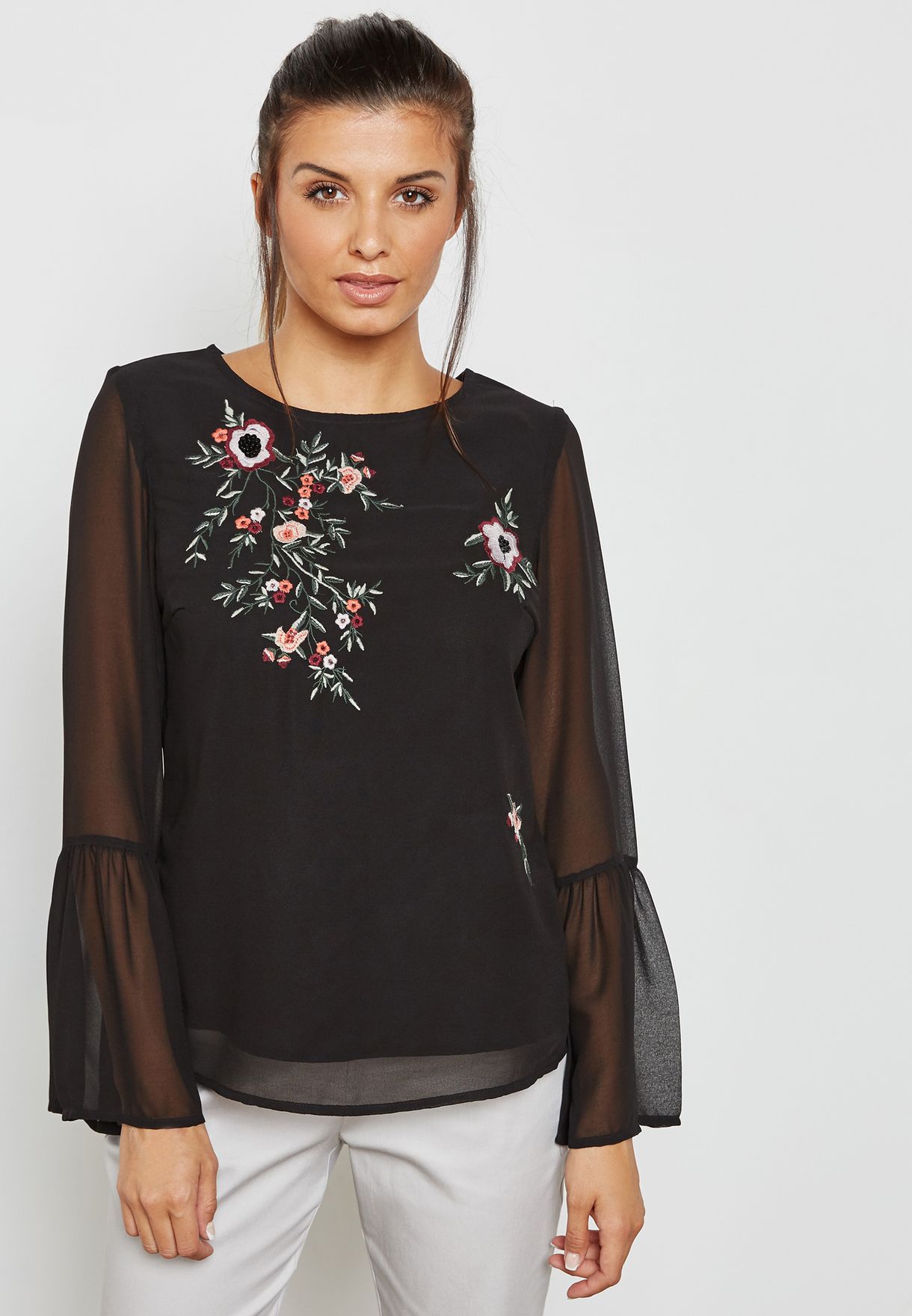 black sheer floral embroidered top