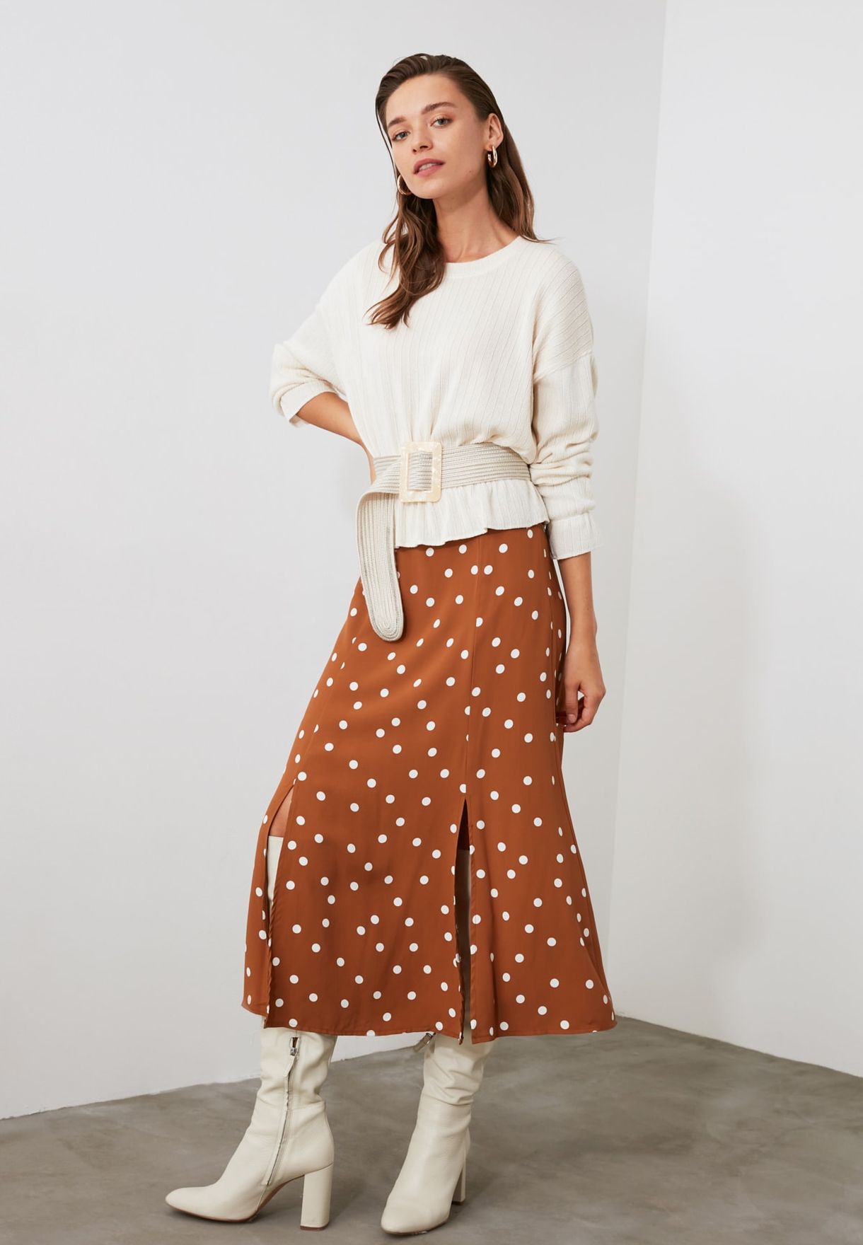 Brown Polka Dot Midi Skirt