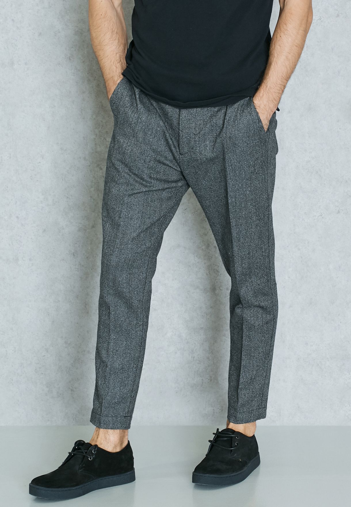 grey wool cropped trousers