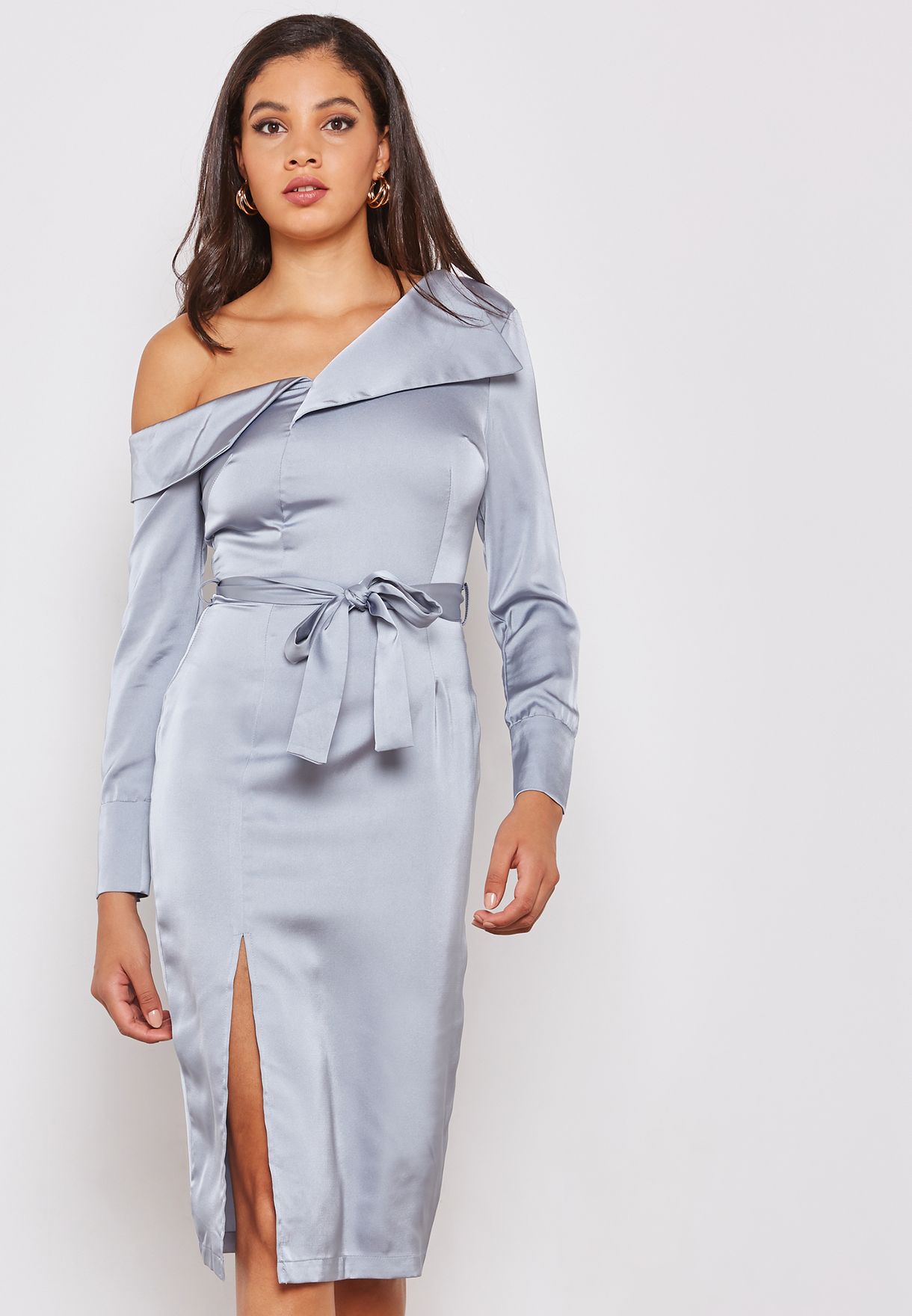 grey satin shirt dress