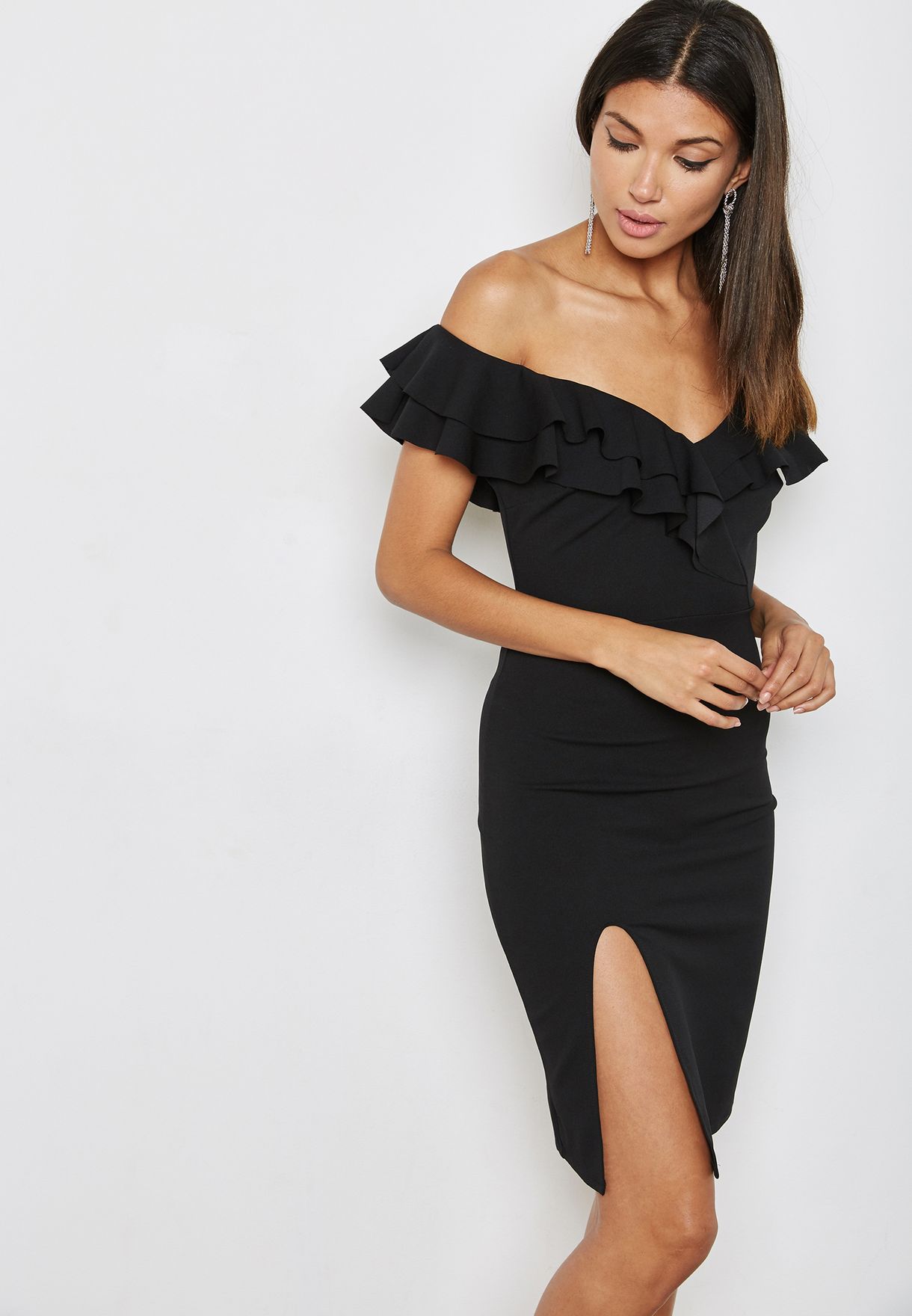 Buy Ginger black Ruffle Bardot Slit Dress for Women in MENA, Worldwide