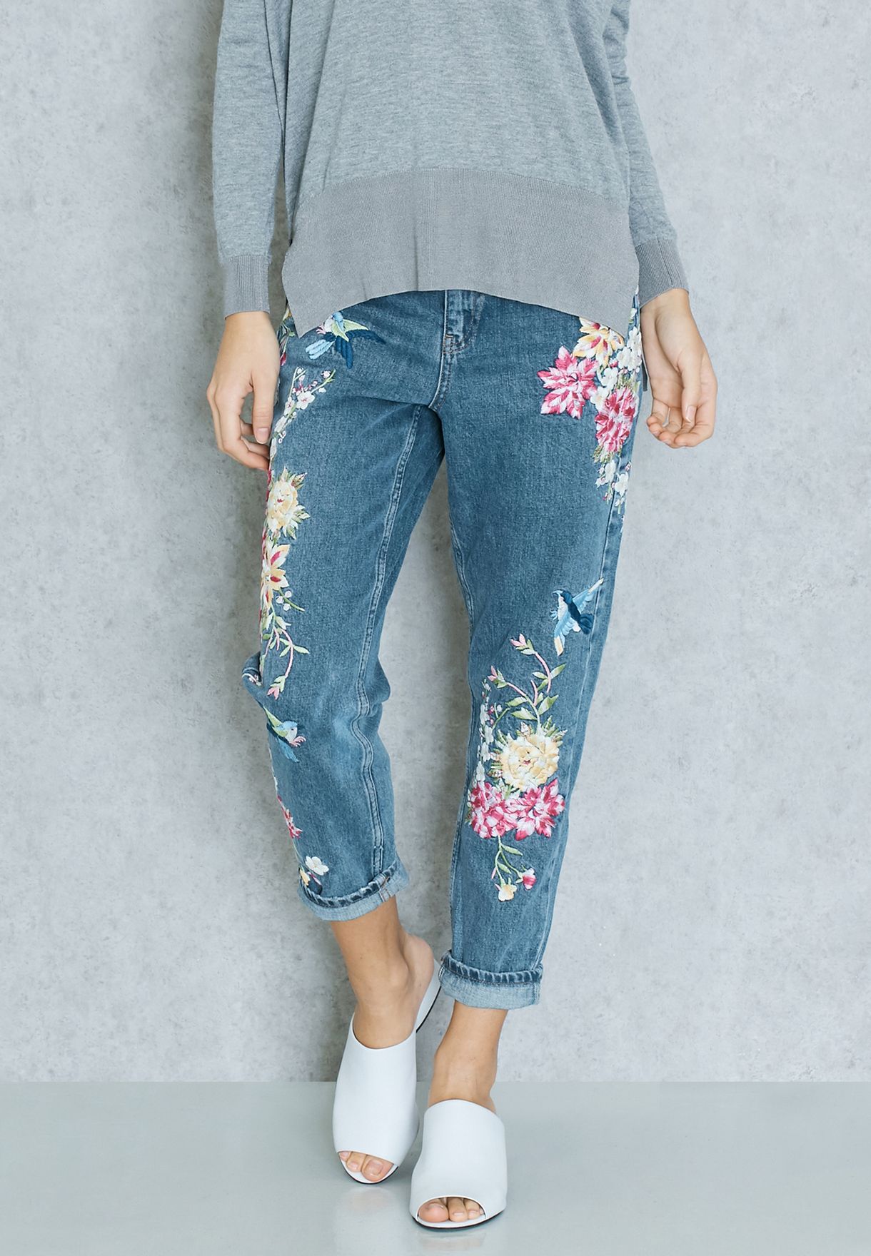 embroidered mom jeans