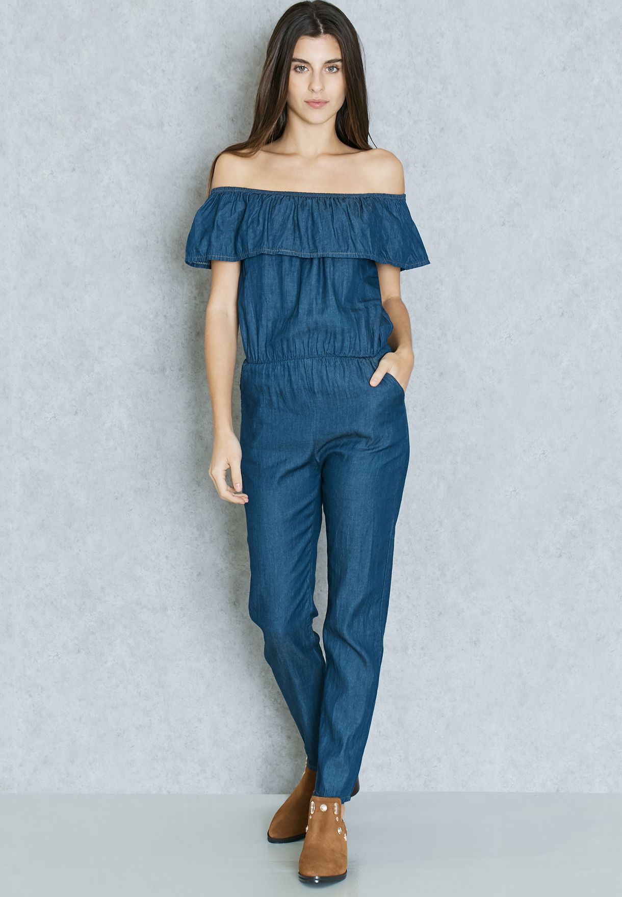 denim jumpsuit bardot