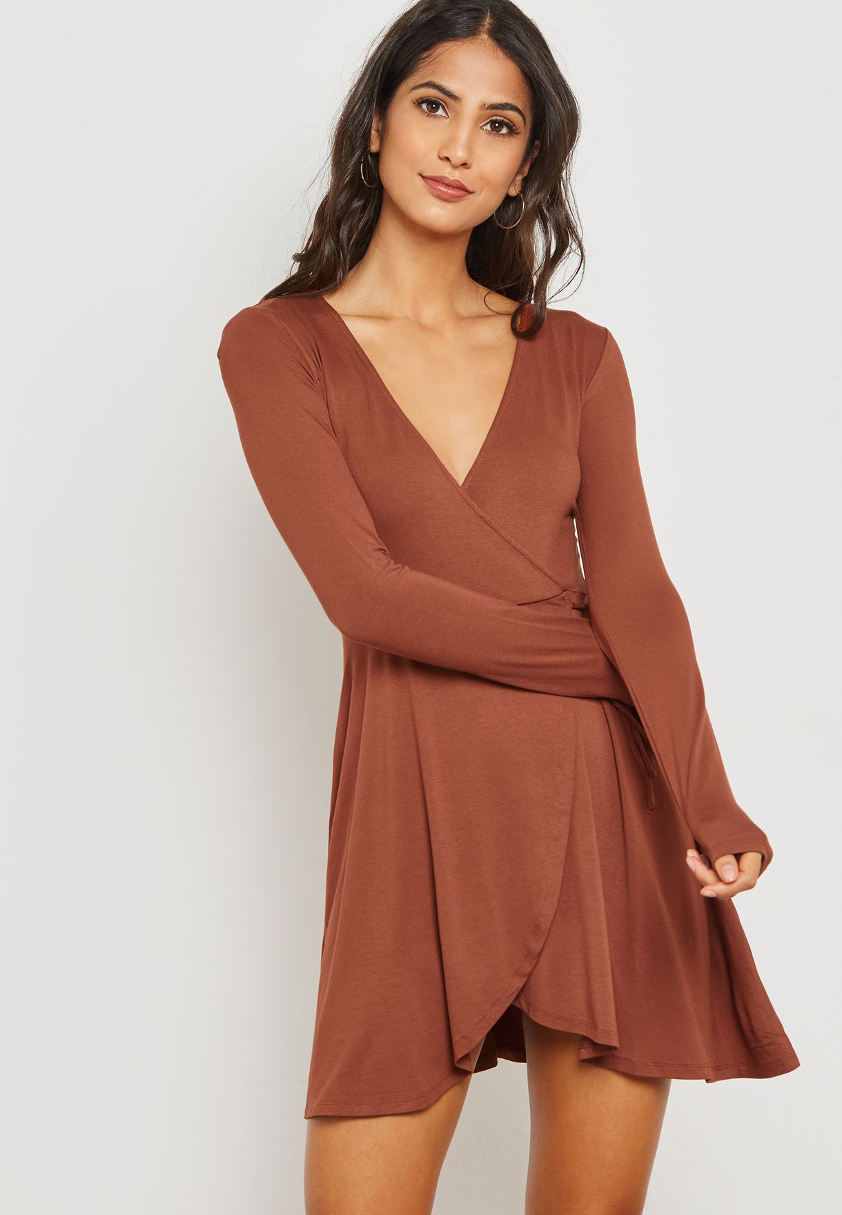 Buy Forever 21 brown Plunging Wrap Dress for Women in MENA, Worldwide