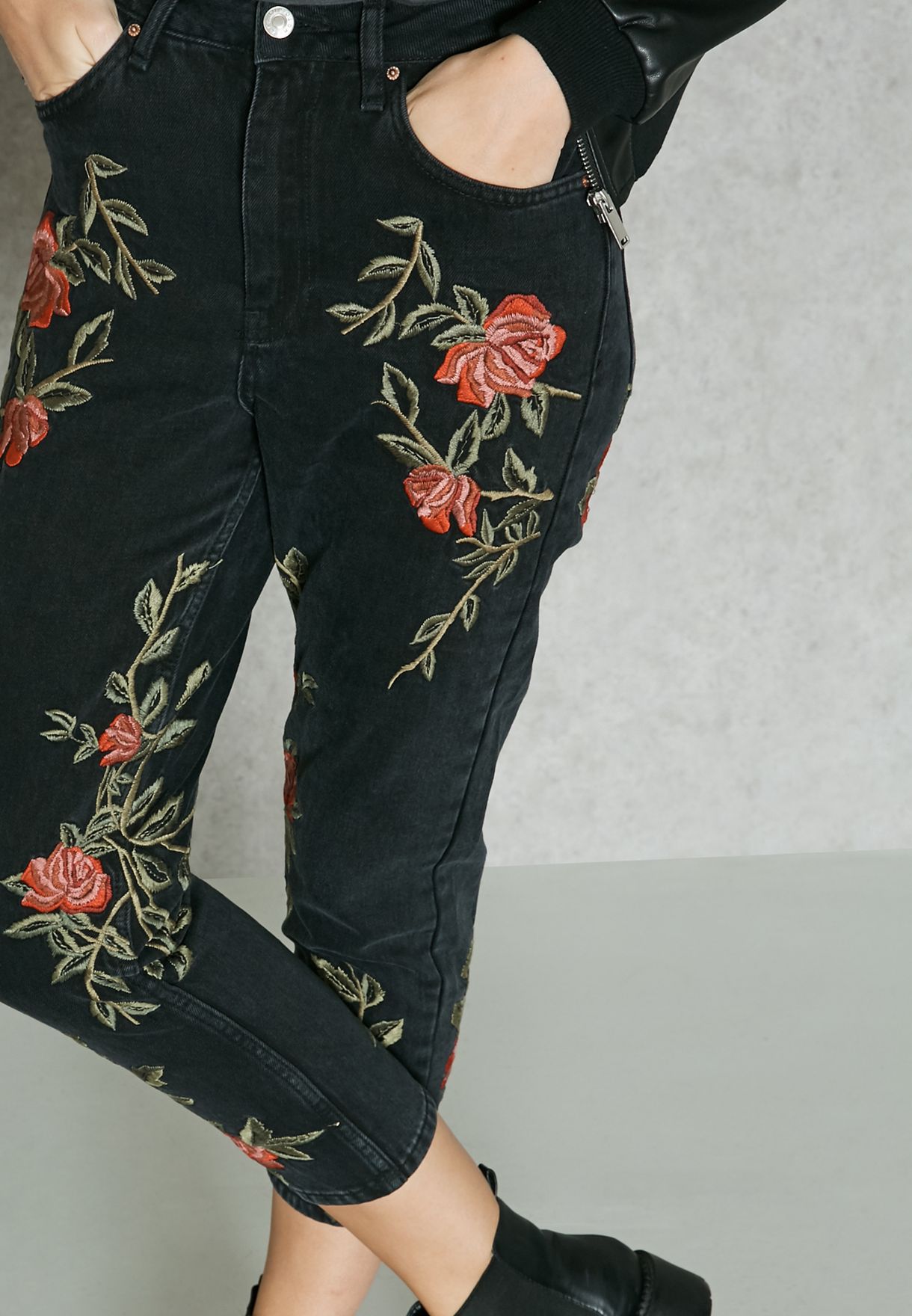 Verplicht voering emulsie Buy Topshop grey Rose Embroidered Mom Jeans for Women in MENA, Worldwide