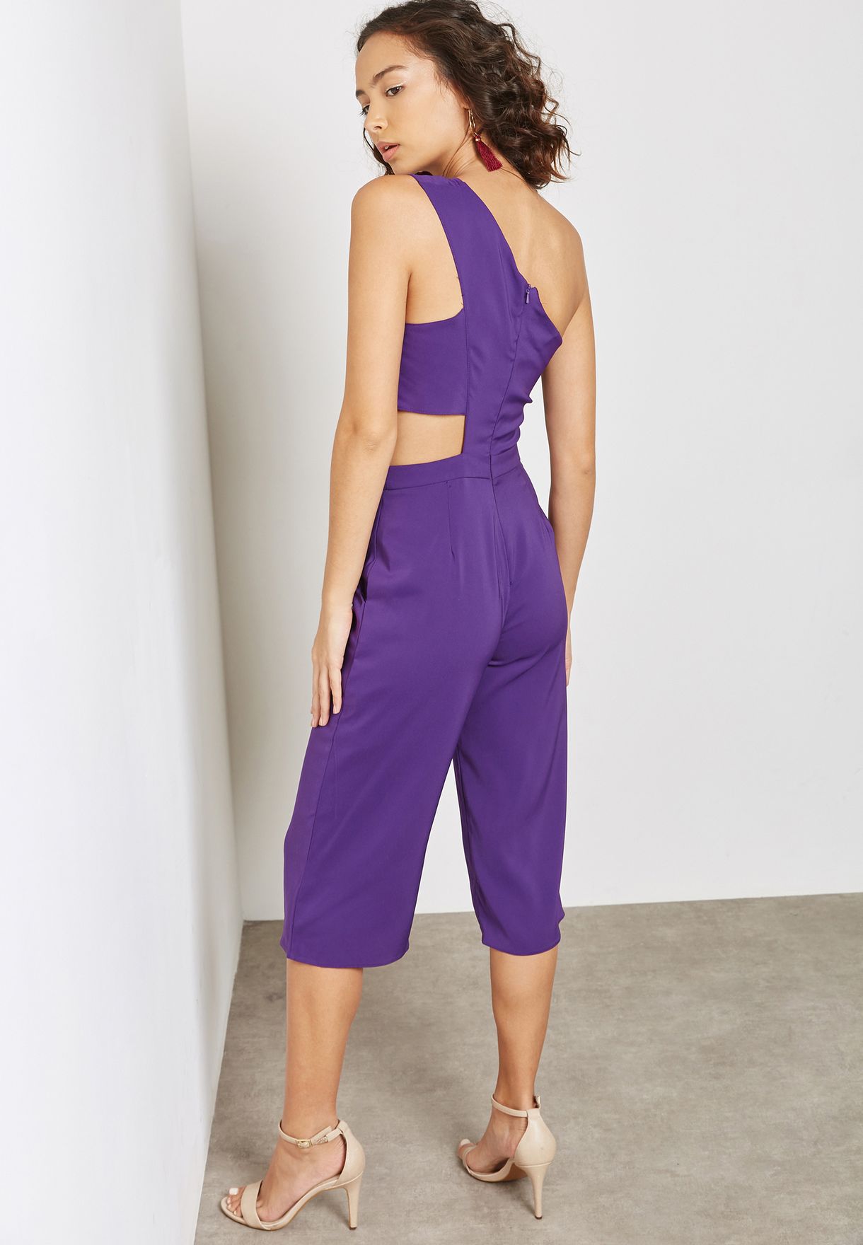 purple one shoulder jumpsuit