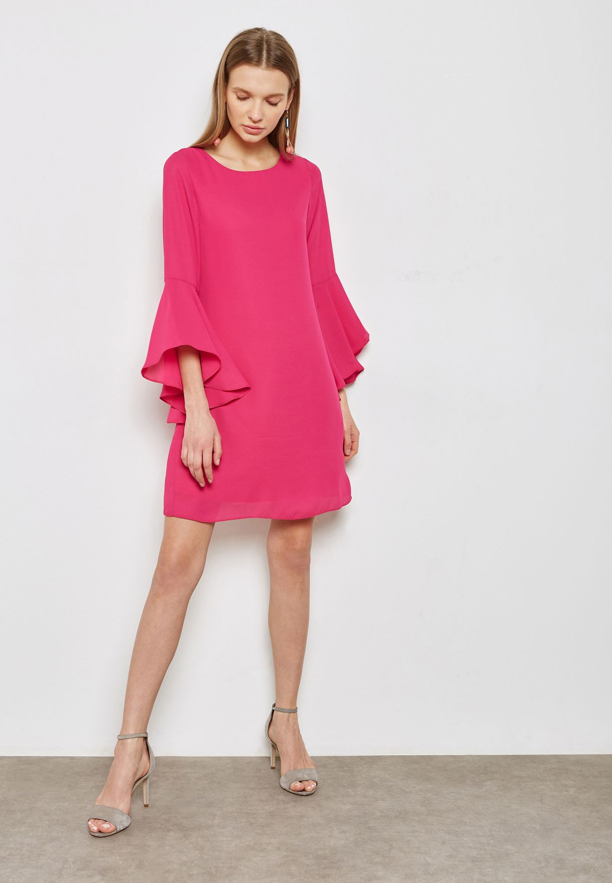 pink fluted sleeve dress