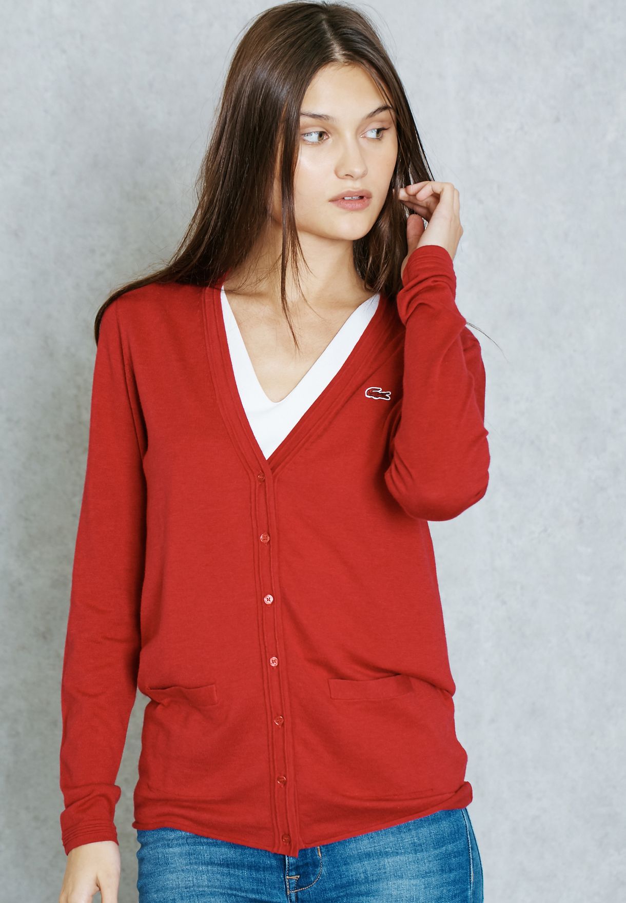 red lacoste cardigan