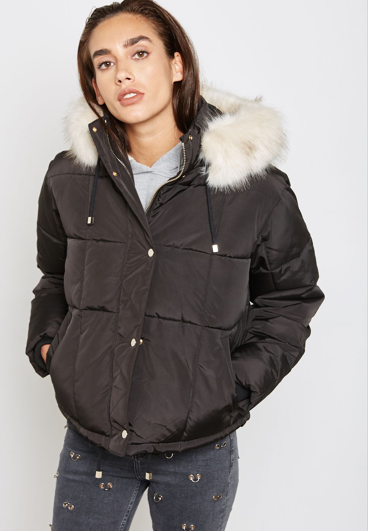 Sale > womens black puffer jacket with fur hood > in stock