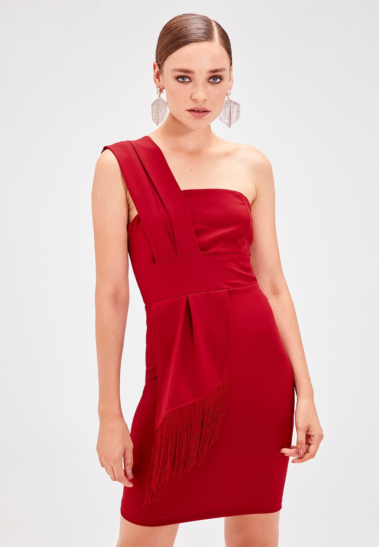 one shoulder tassel dress