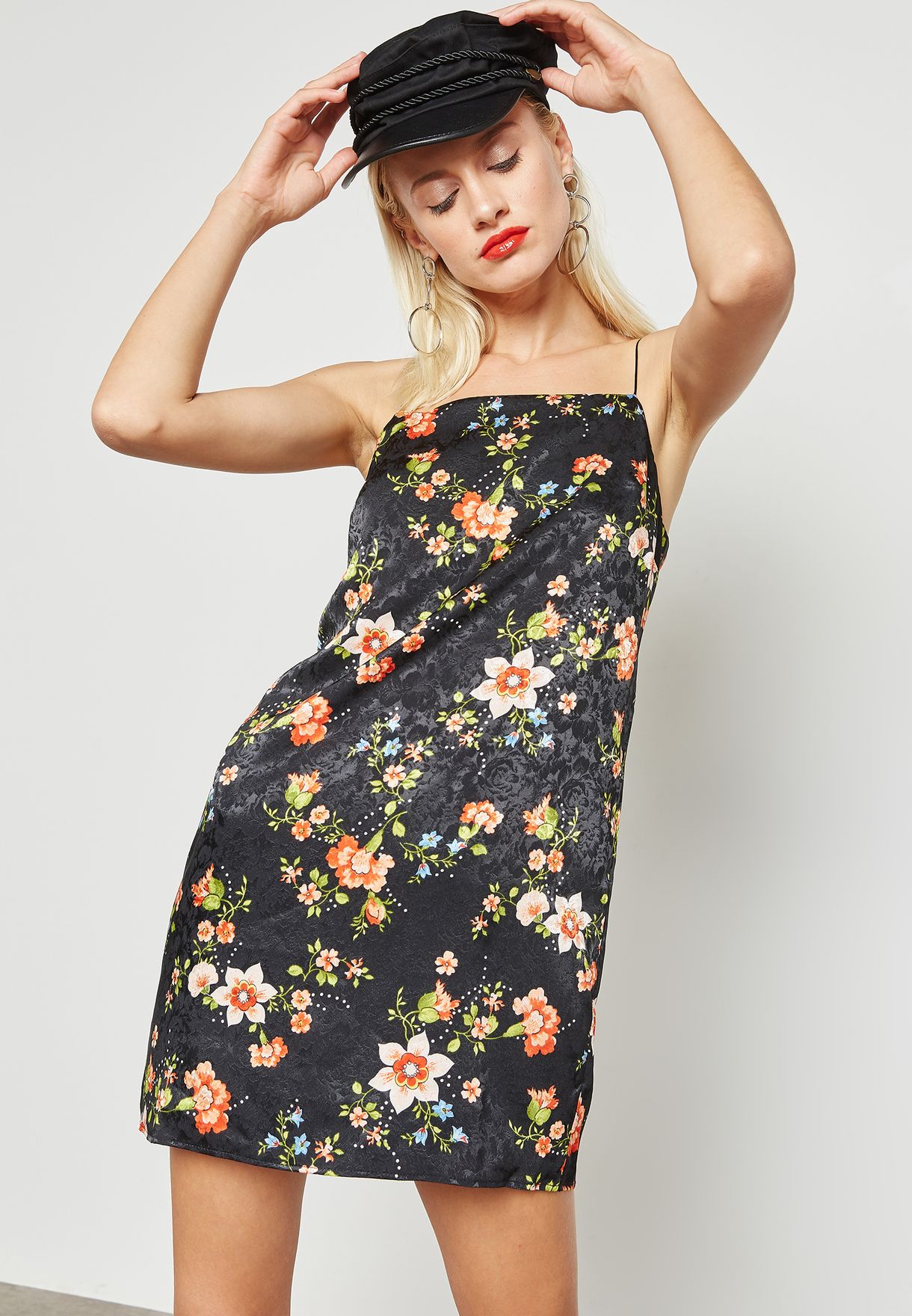 Topshop black Floral Print Slip Dress 
