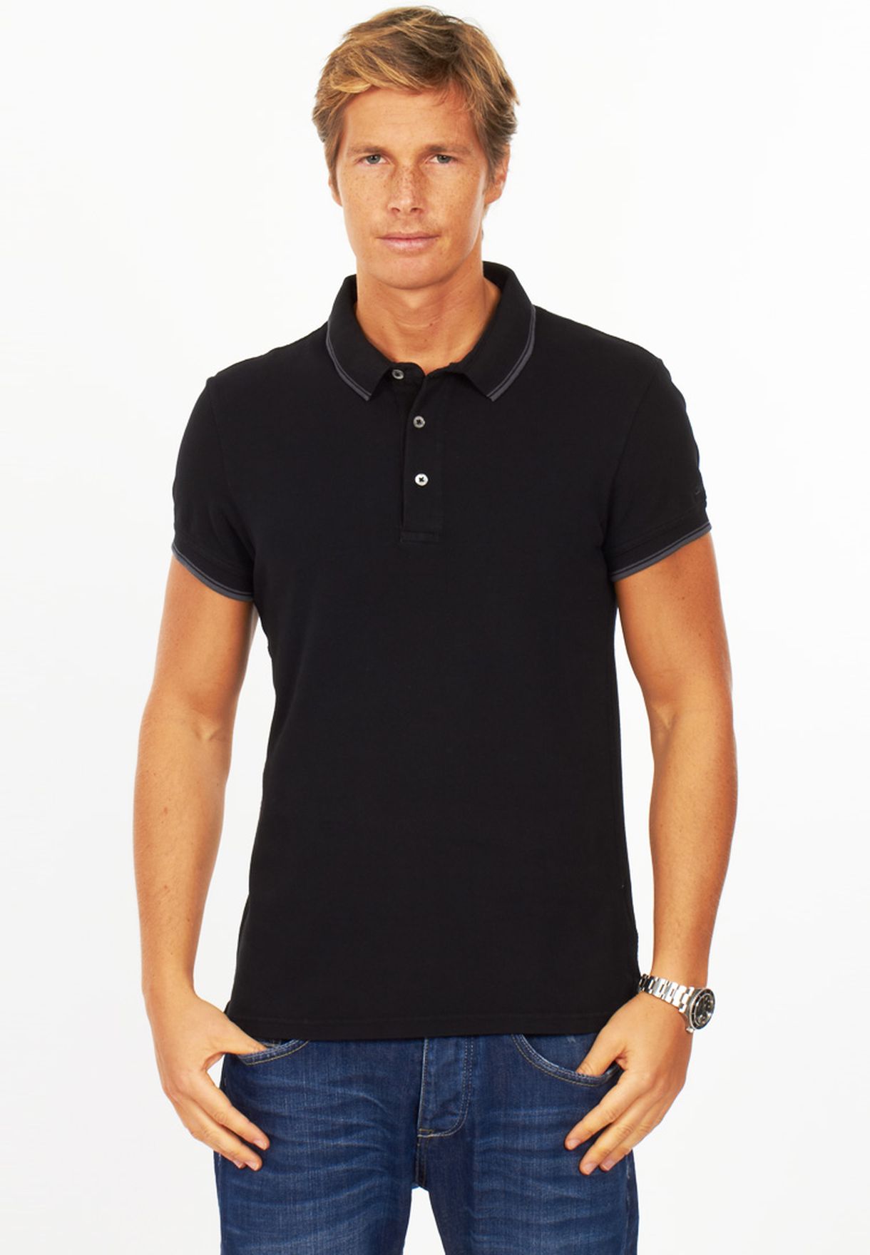 black polo with jeans