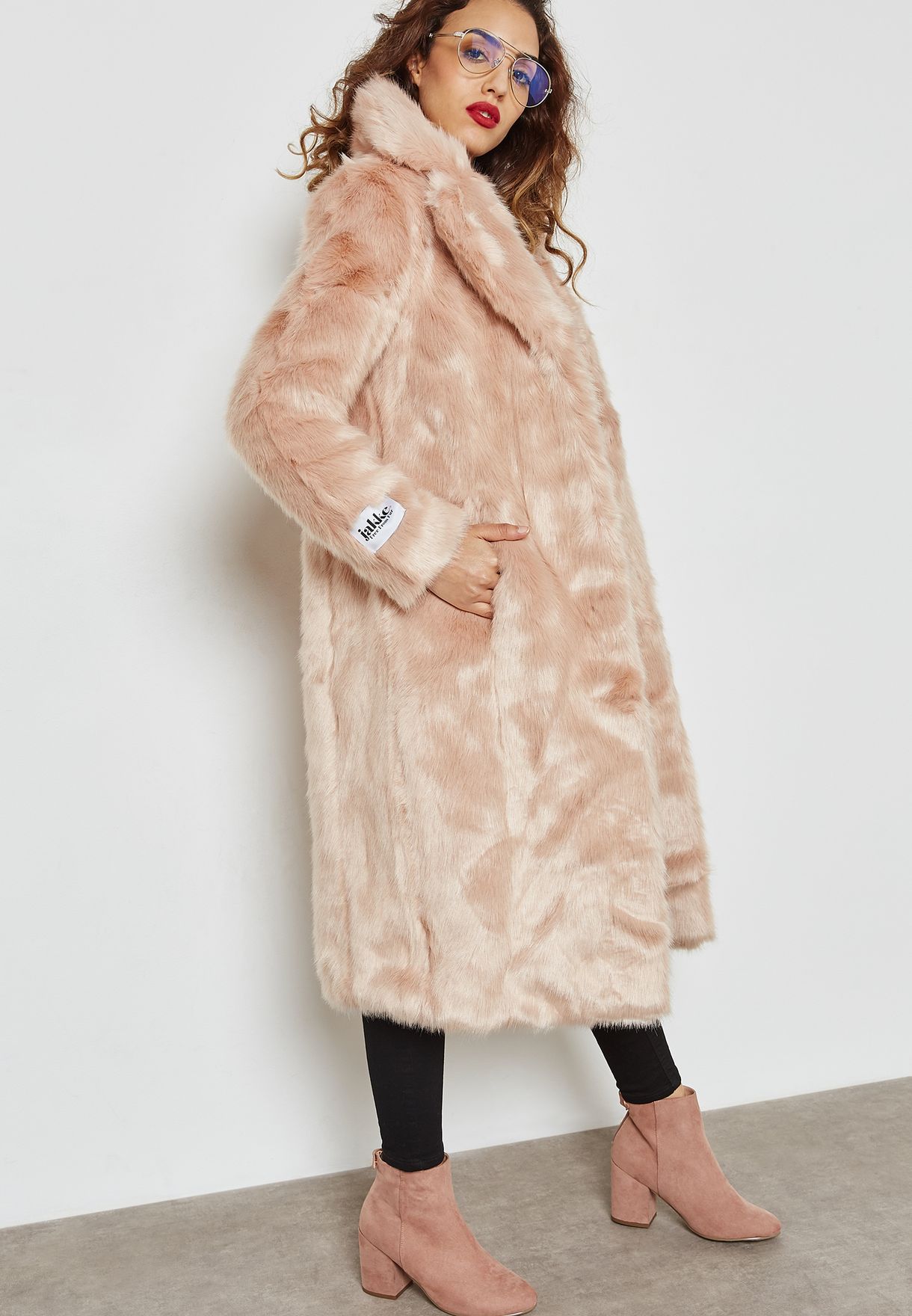 Buy Jakke pink Longline Faux Fur Coat for Women in MENA, Worldwide