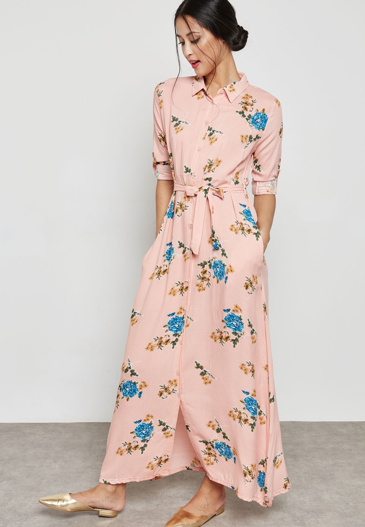 floral print self tie maxi dress