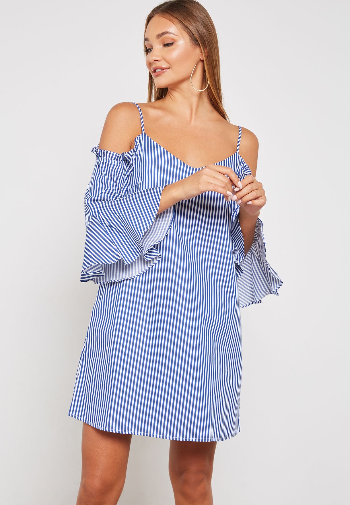 striped cold shoulder dress