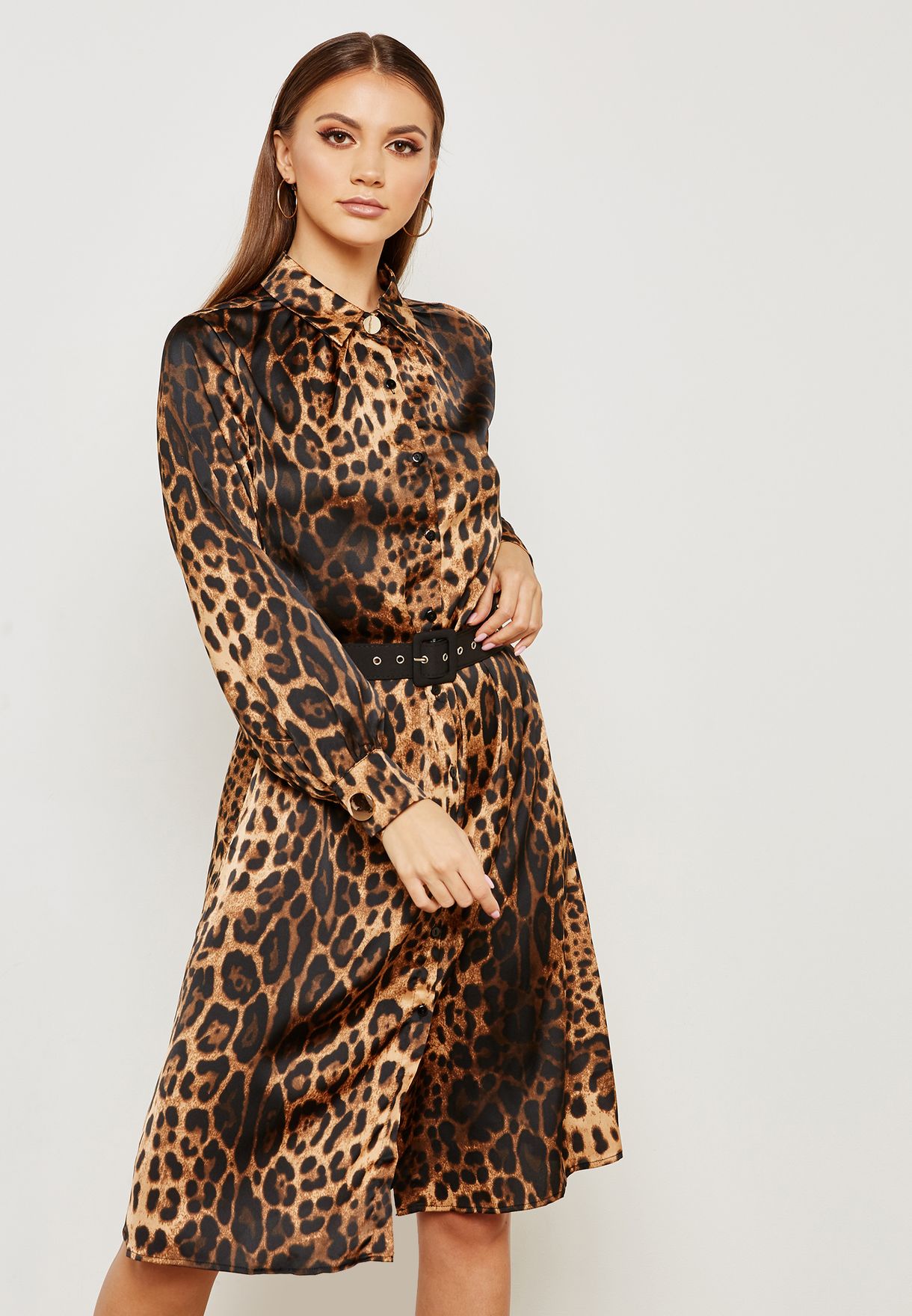 Shop Ella prints Leopard  Print Belted Shirt  Dress  8010AC 