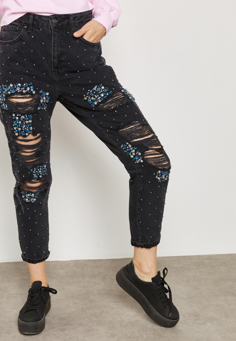 Buy Topshop black Embellished Ripped Jeans for Women in MENA,