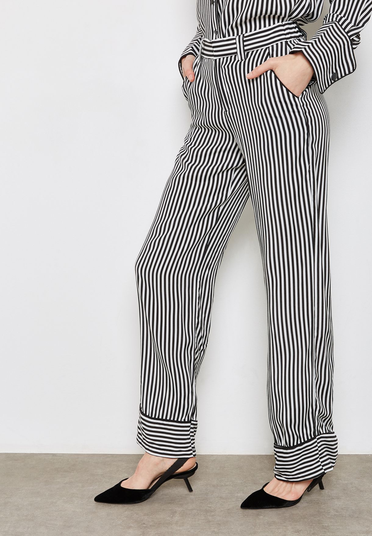 striped belted pants