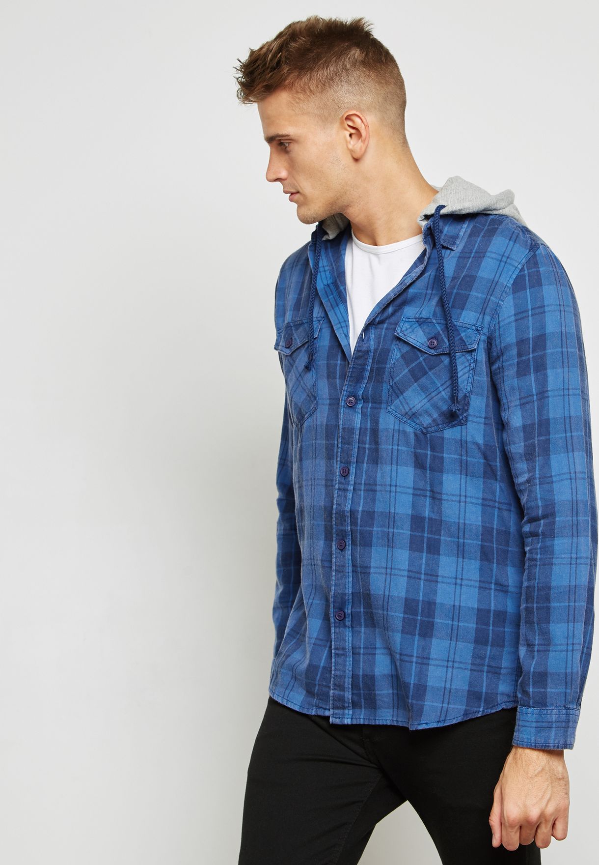 blue hooded shirt