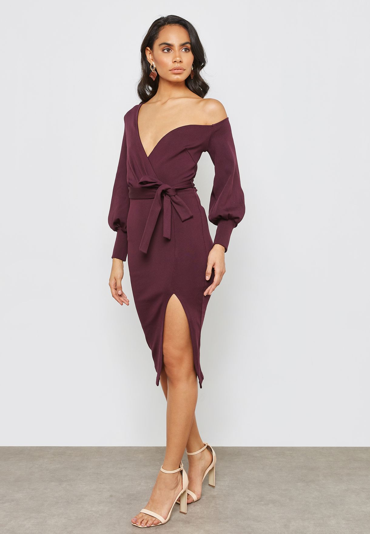 Buy Lavish Alice purple One Shoulder Balloon Sleeve Wrap Midi Dress for ...