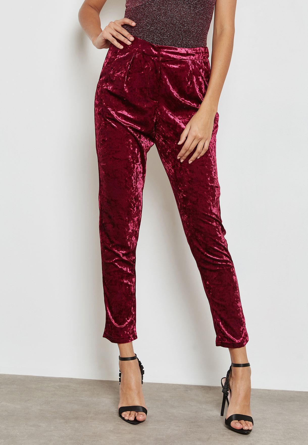 Buy True Decadence red Crushed Velvet Pants for Women in MENA, Worldwide