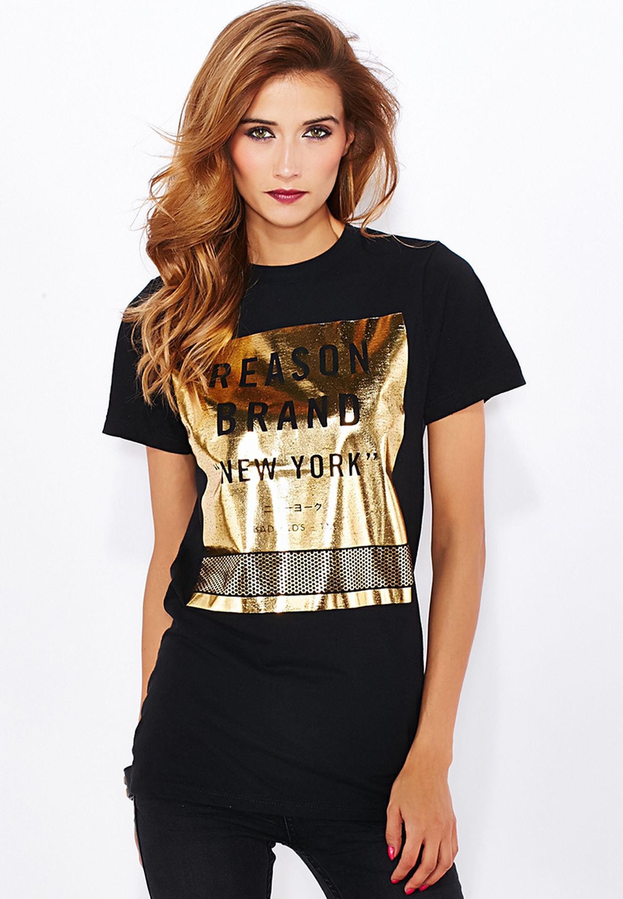Buy > black shirt with gold print > in stock