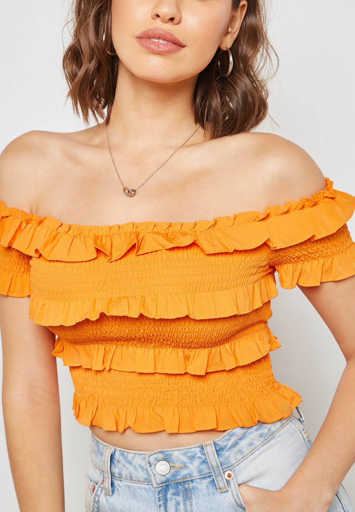 hvis pave pilfer Buy Vero Moda orange Ruffle Detail Bardot Crop Top for Women in MENA,  Worldwide