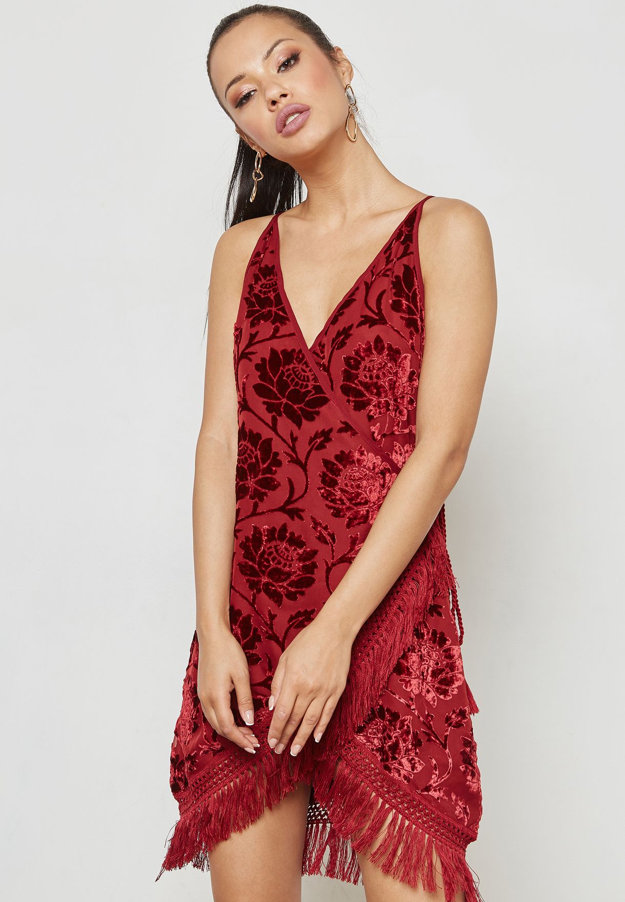 Buy Glamorous red Fringe Wrap Dress for Women in MENA, Worldwide
