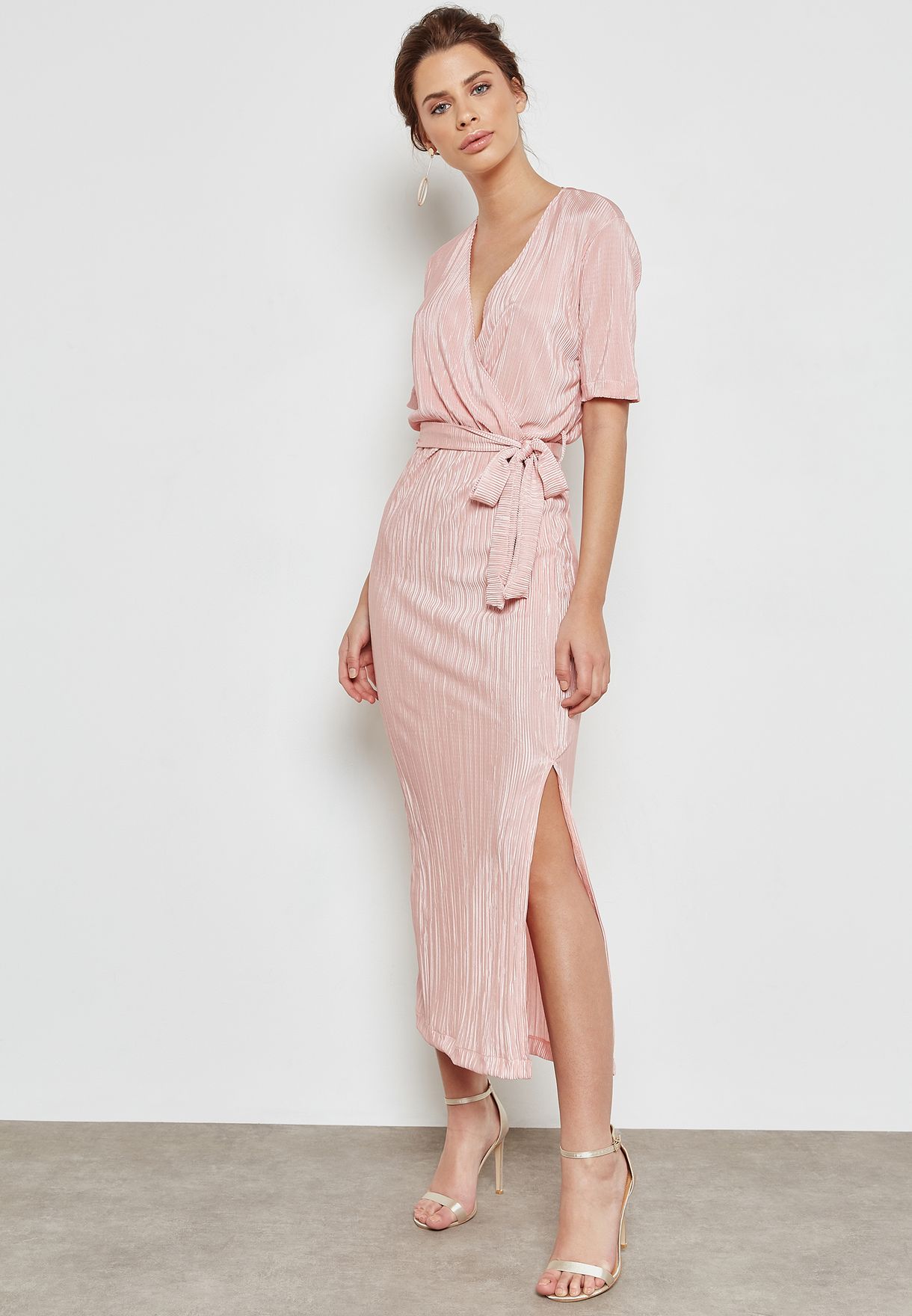 Ella pink Plisse Wrap Front Maxi Dress ...