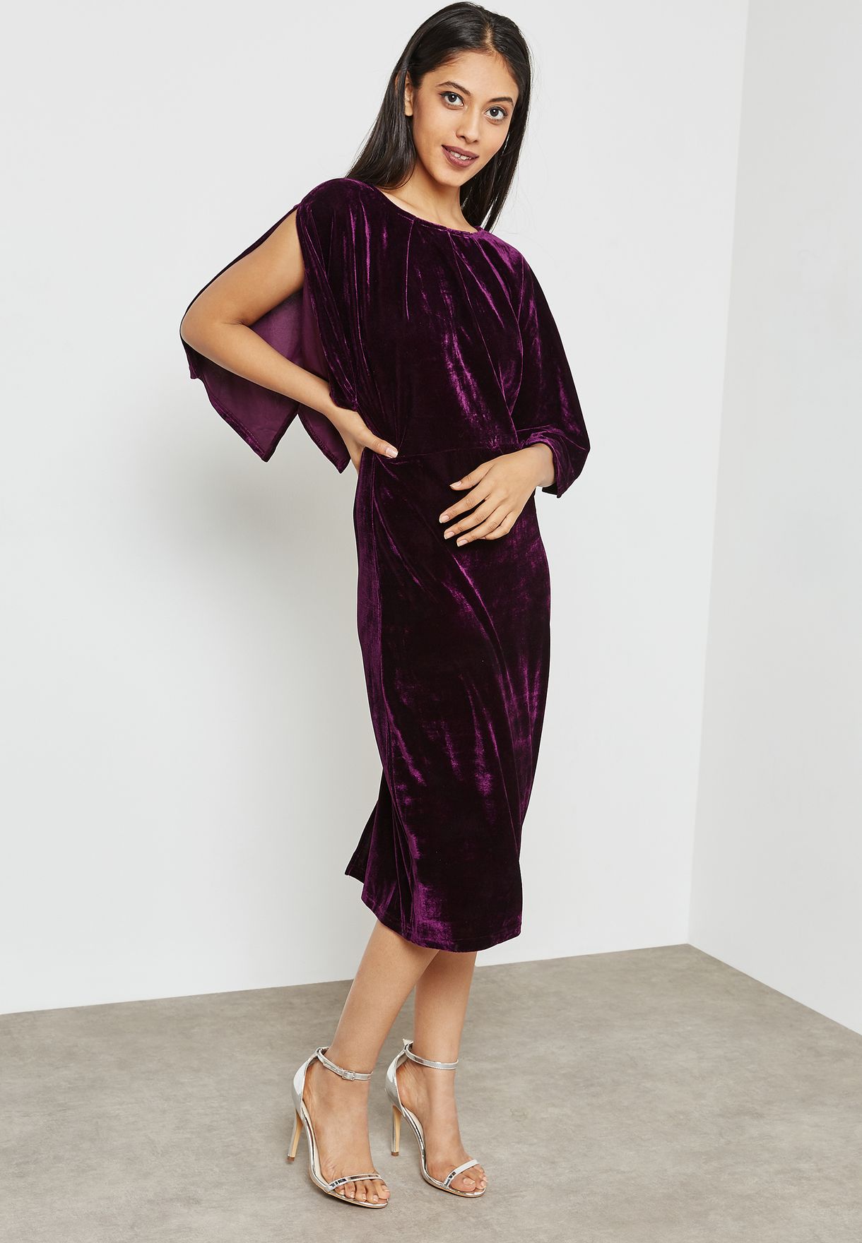 Buy Ella purple Slit Sleeve Velvet Midi Dress for Women in Dubai, Abu Dhabi