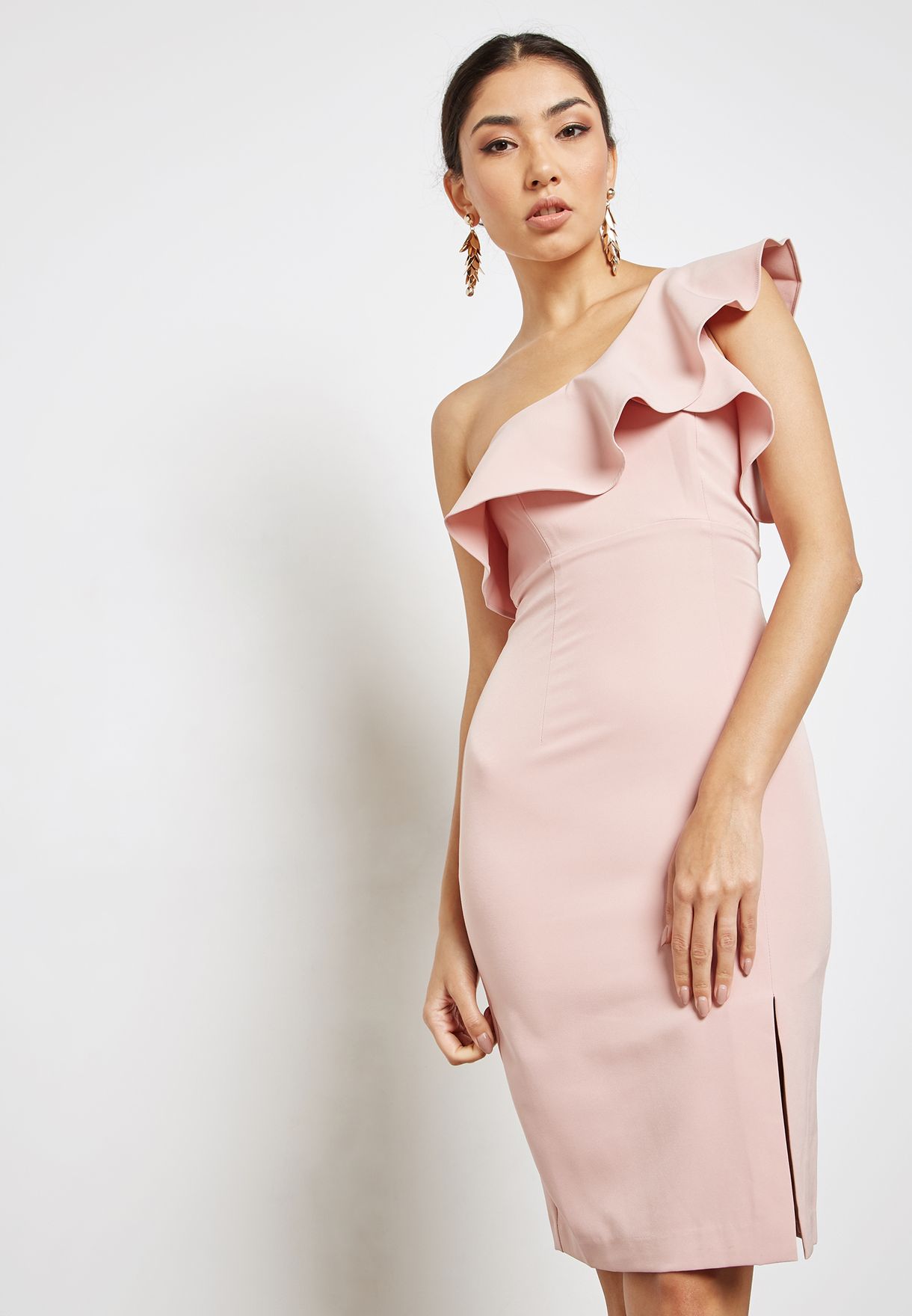 pink one shoulder ruffle dress