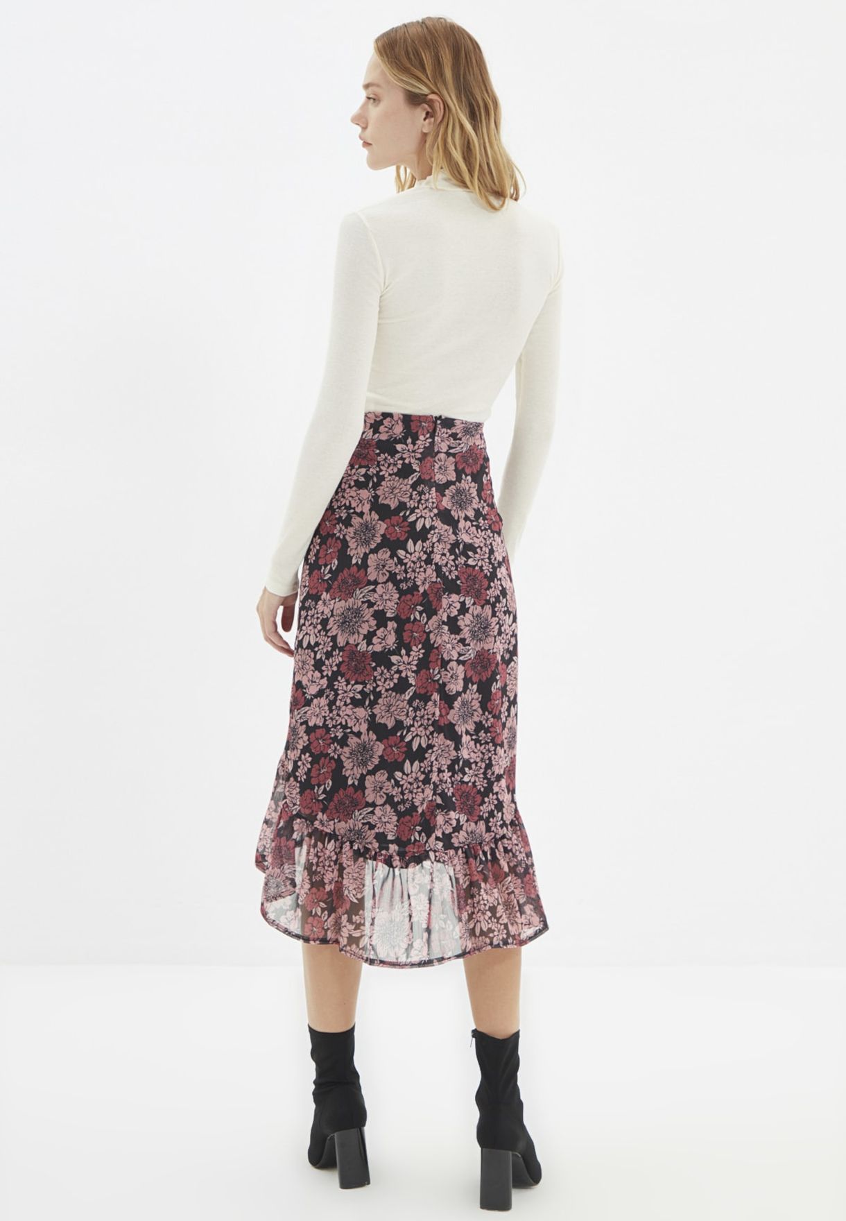 Printed Ruffle Detail Midi Skirt