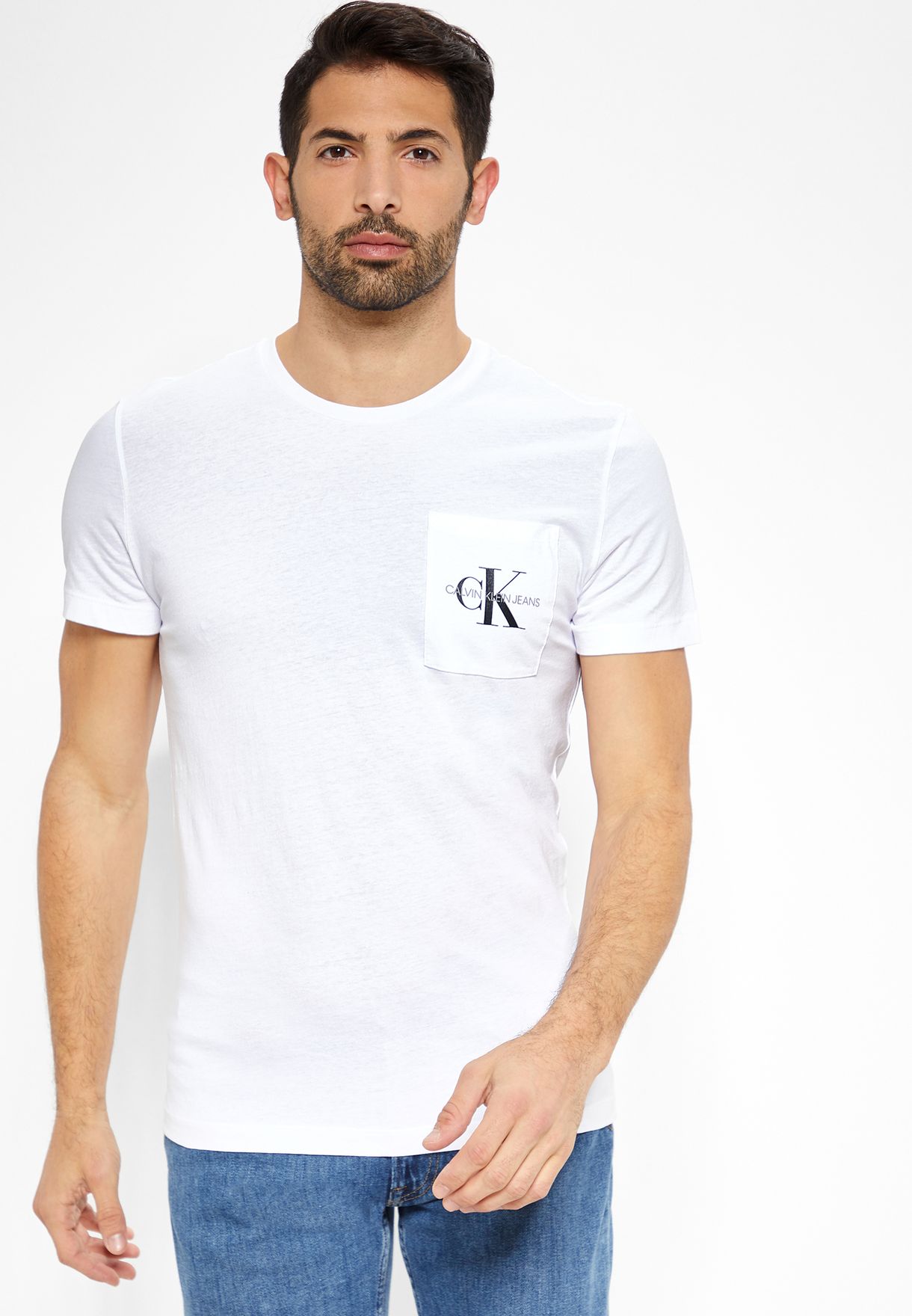Buy Calvin Klein Jeans white Monogram Pocket Crew Neck T-Shirt for Men in  Riyadh, Jeddah