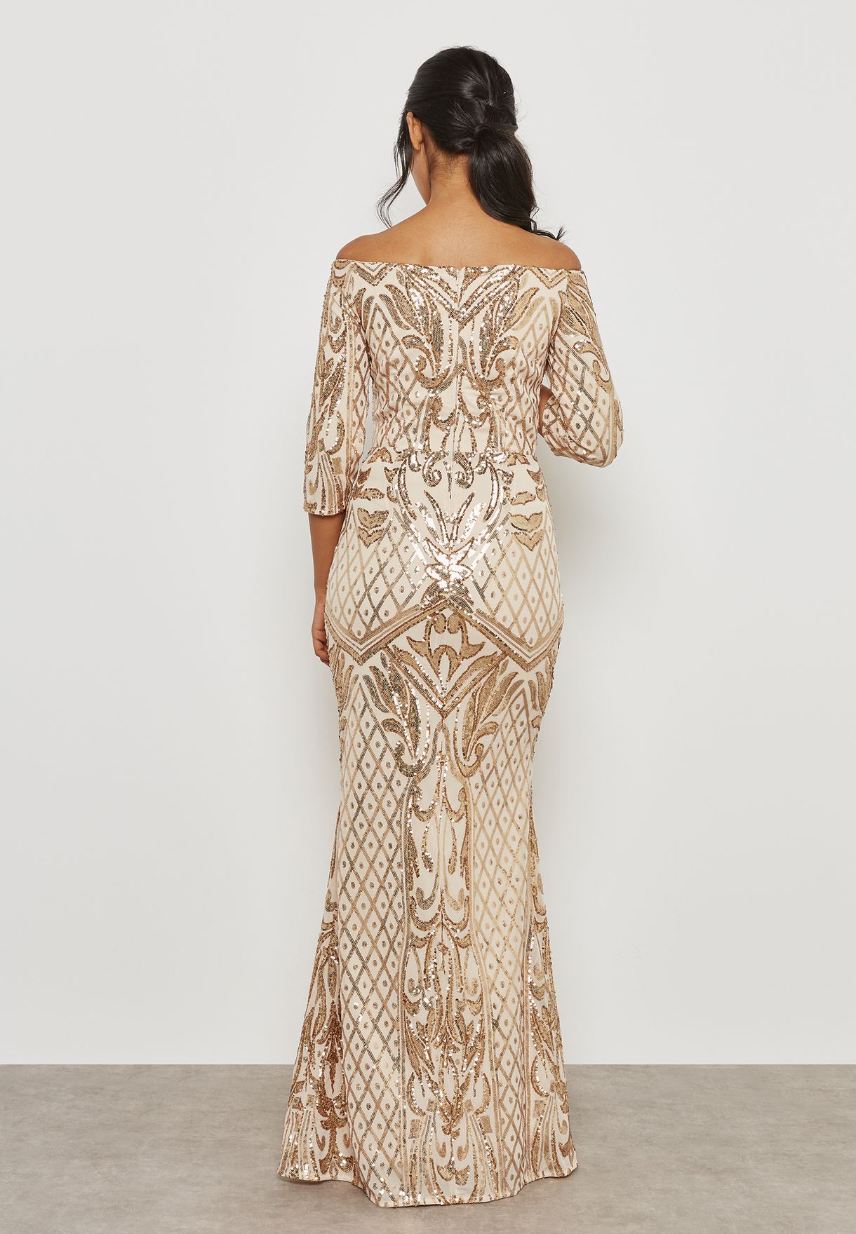 Buy Quiz Beige Sequin Bardot Maxi Dress For Women In Mena Worldwide 7026