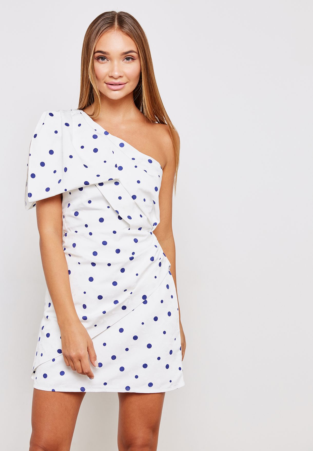 one shoulder polka dot dress
