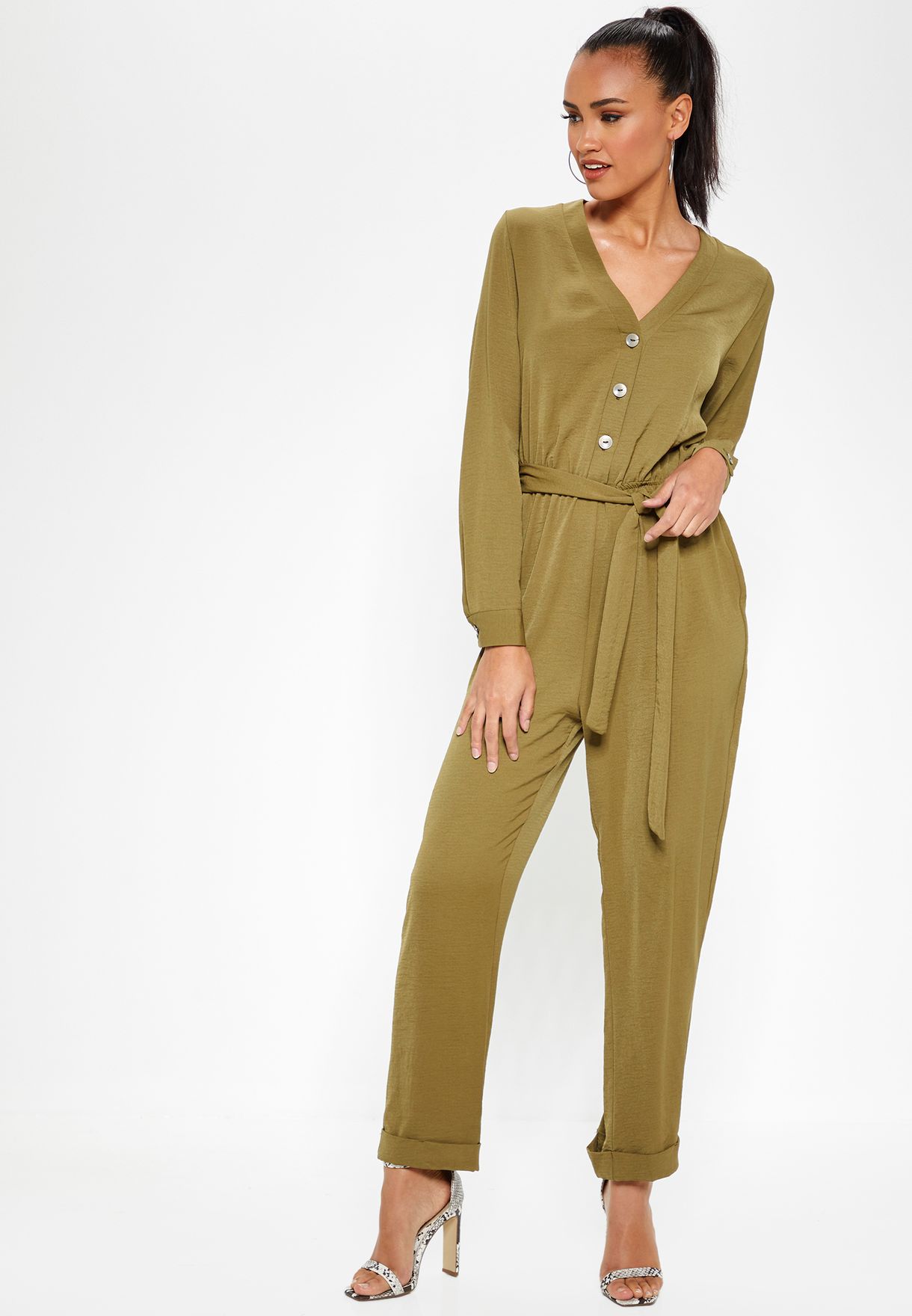 button detail self tie jumpsuit