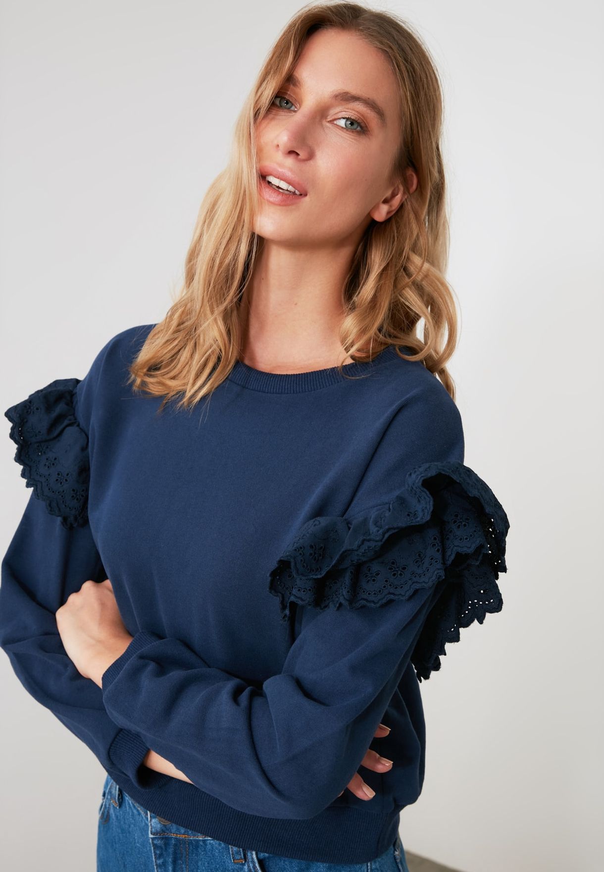 navy puff sleeve sweater