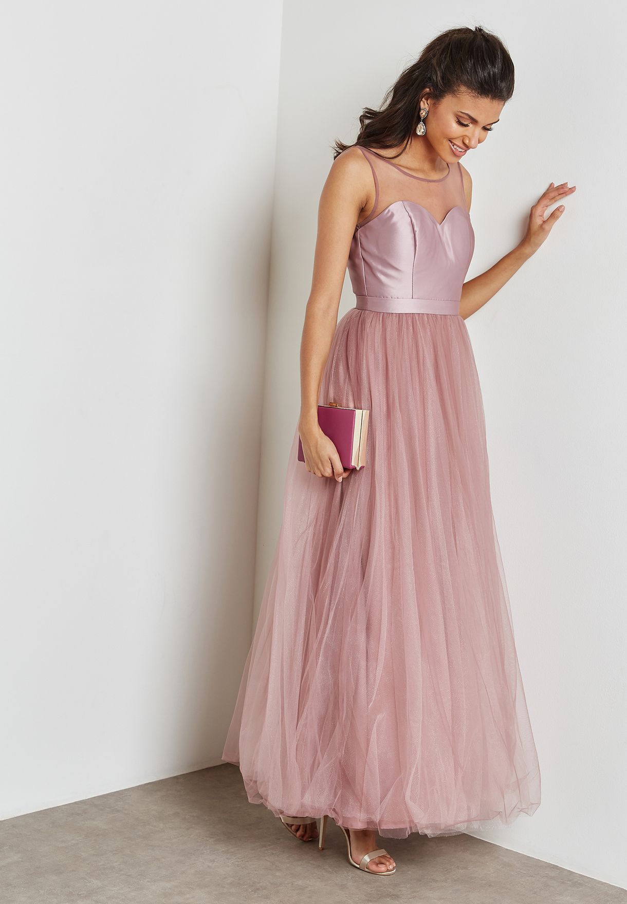 pink Sheer Detail Tulle Maxi Dress ...