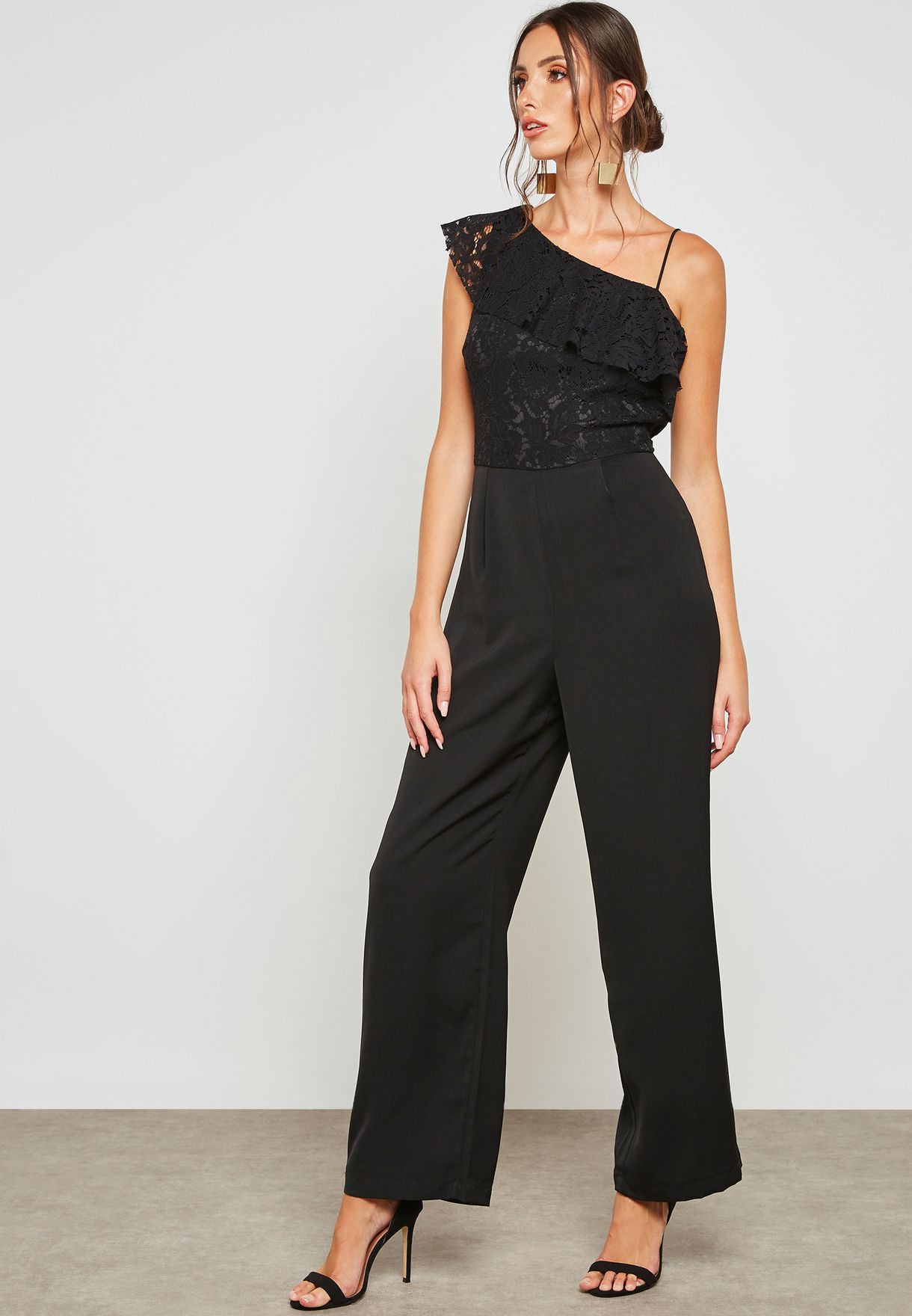 one shoulder lace jumpsuit