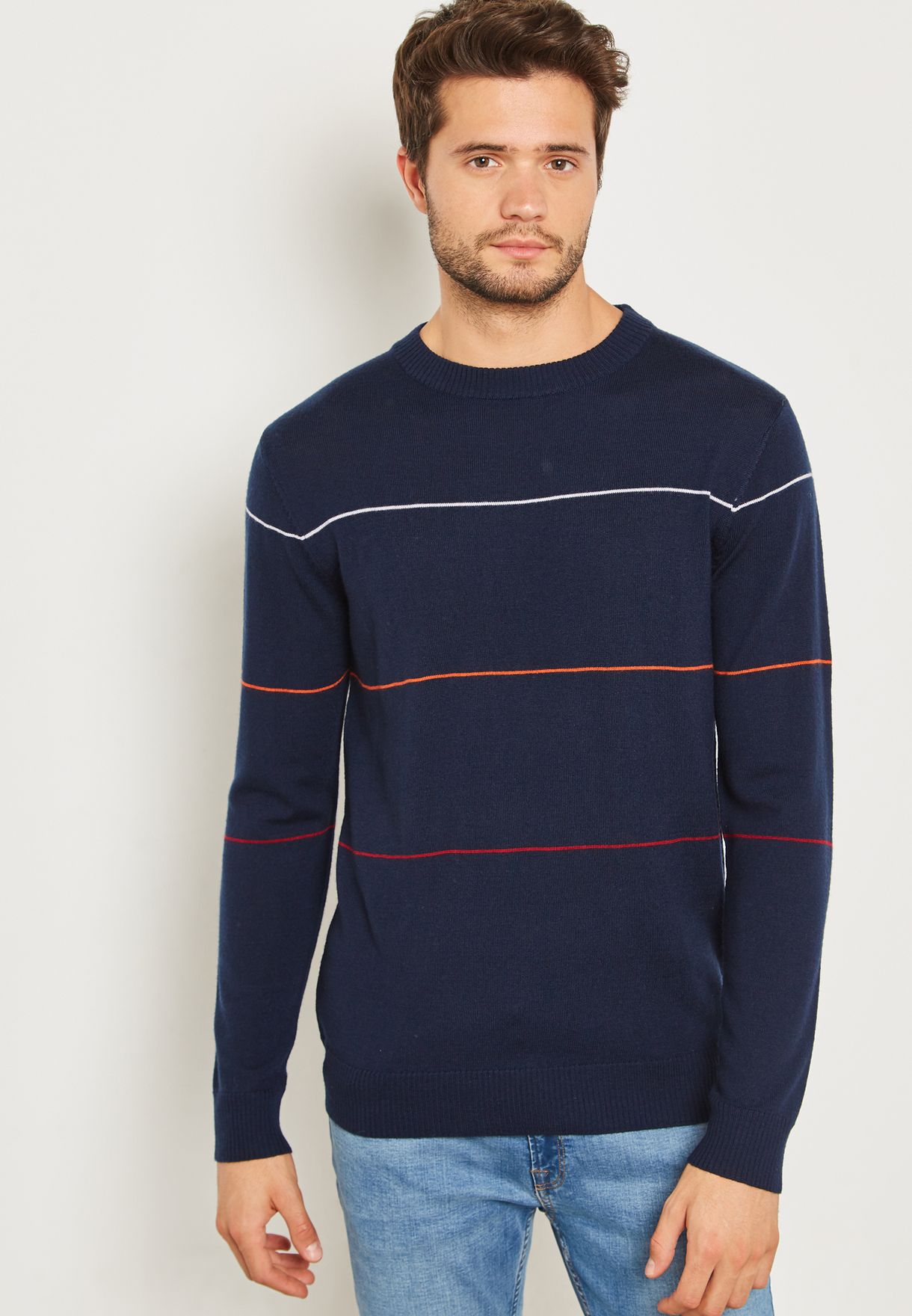 striped crew neck sweater mens