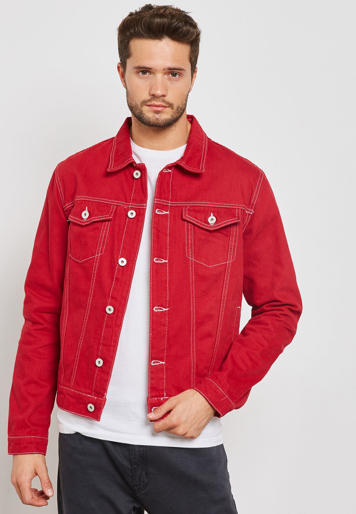 Buy Topman red Contrast Stitch Denim Jacket for Men in MENA, Worldwide